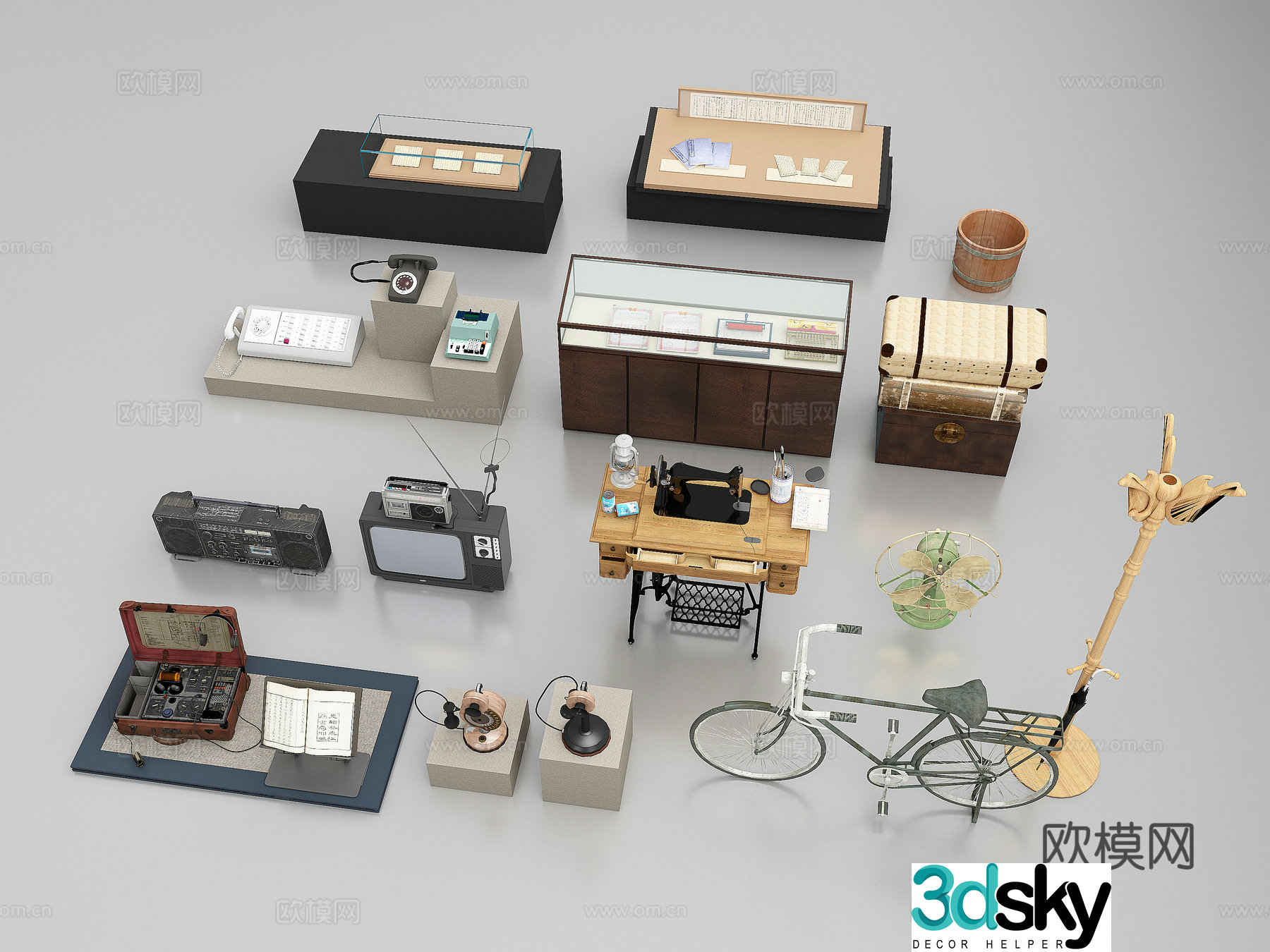 Sewing machine radio vintage furniture bicycle old three style 3d model