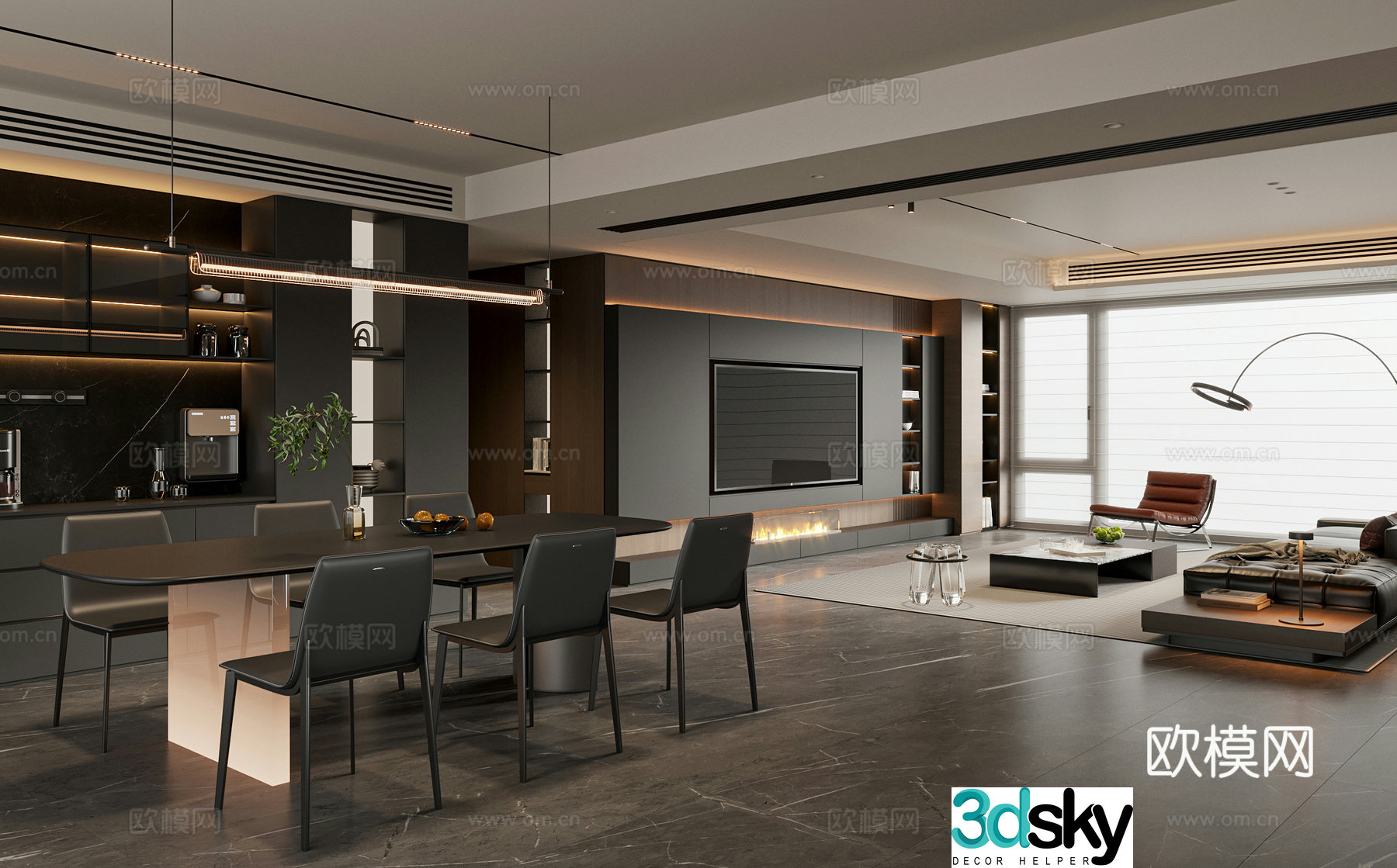 Modern living and dining room sofa and coffee table combination TV cabinet dining table and chair combination sideboard leisure chair 3d model