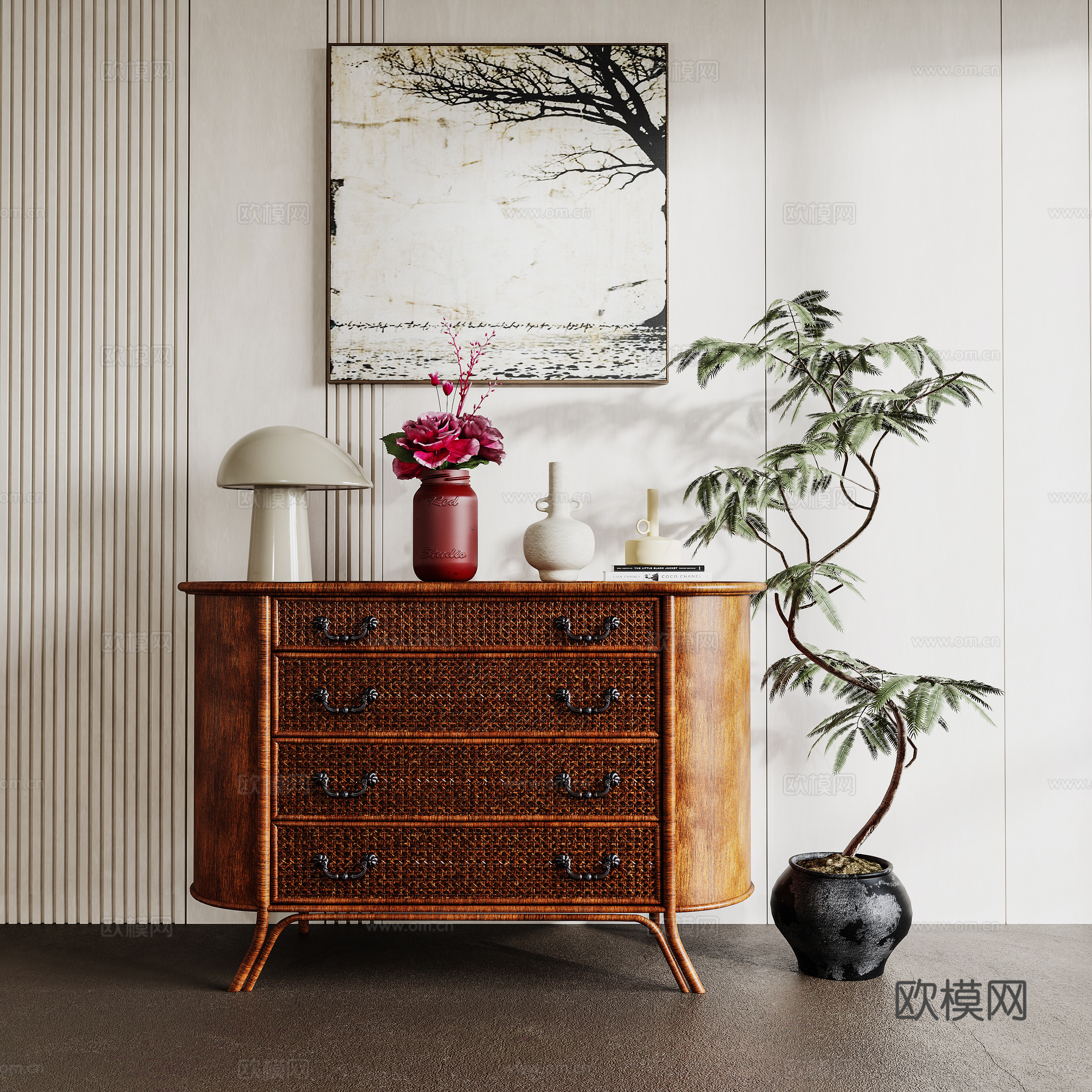 Chinese style entrance cabinet sideboard storage cabinet hanging painting green plant 3D model