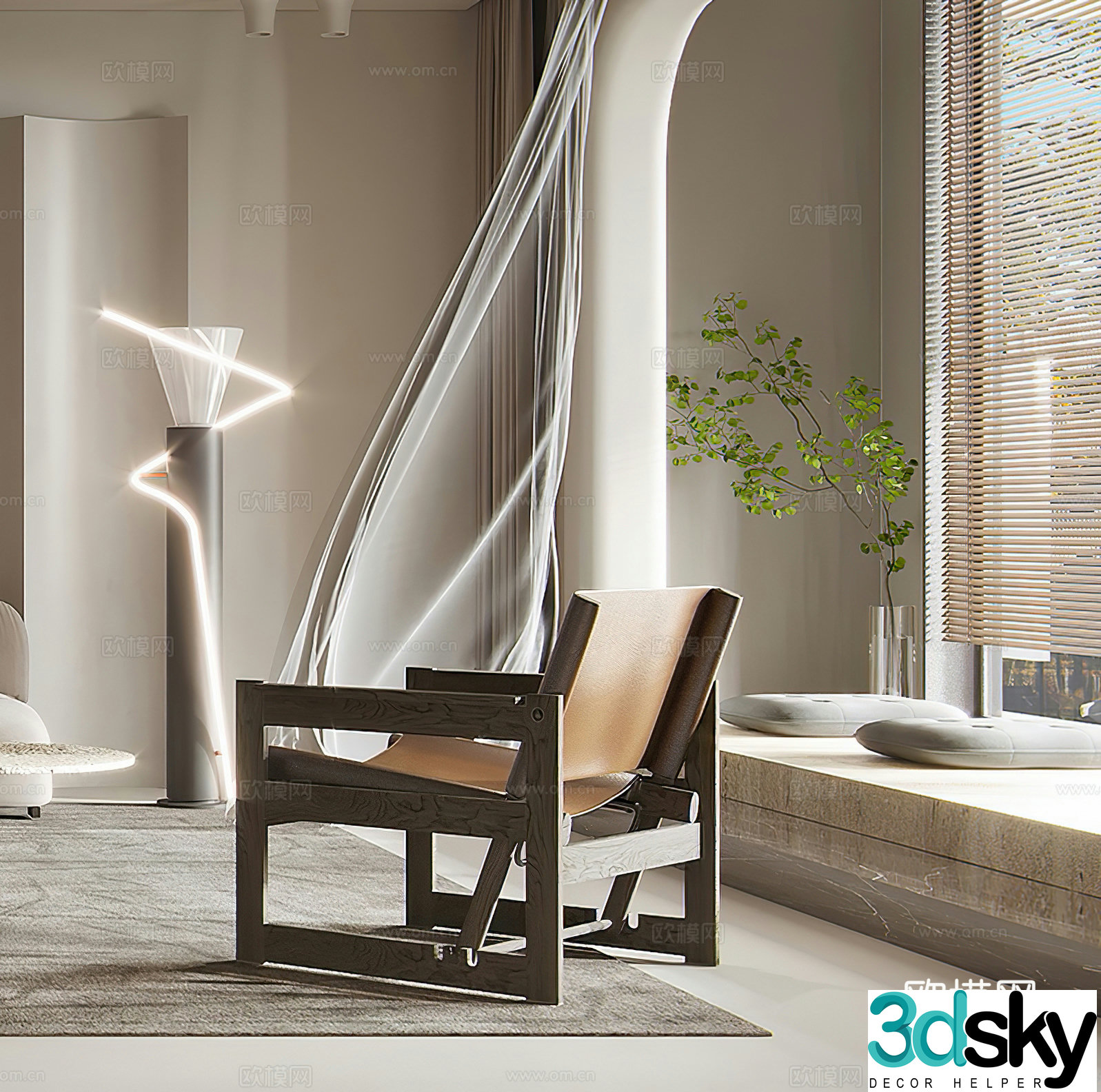 Medium style leisure chair waji leisure chair retro leisure chair new Chinese leisure chair floor lamp 3d model