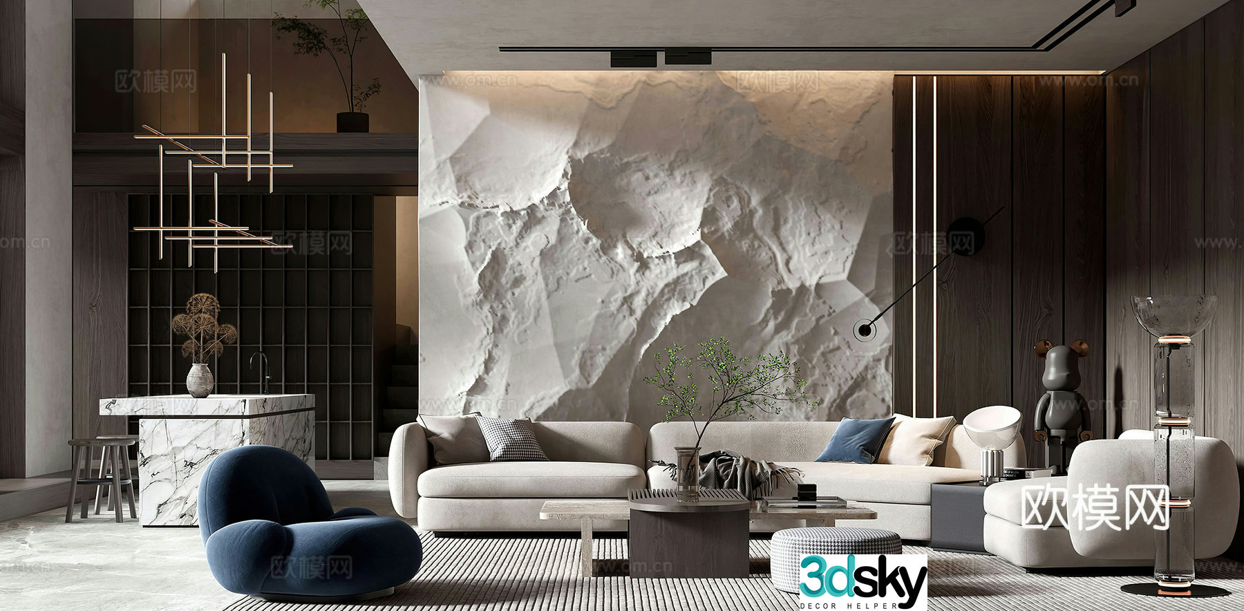 Modern living and dining room combination sofa dining table bar island Italian living room simple black and white 3D model