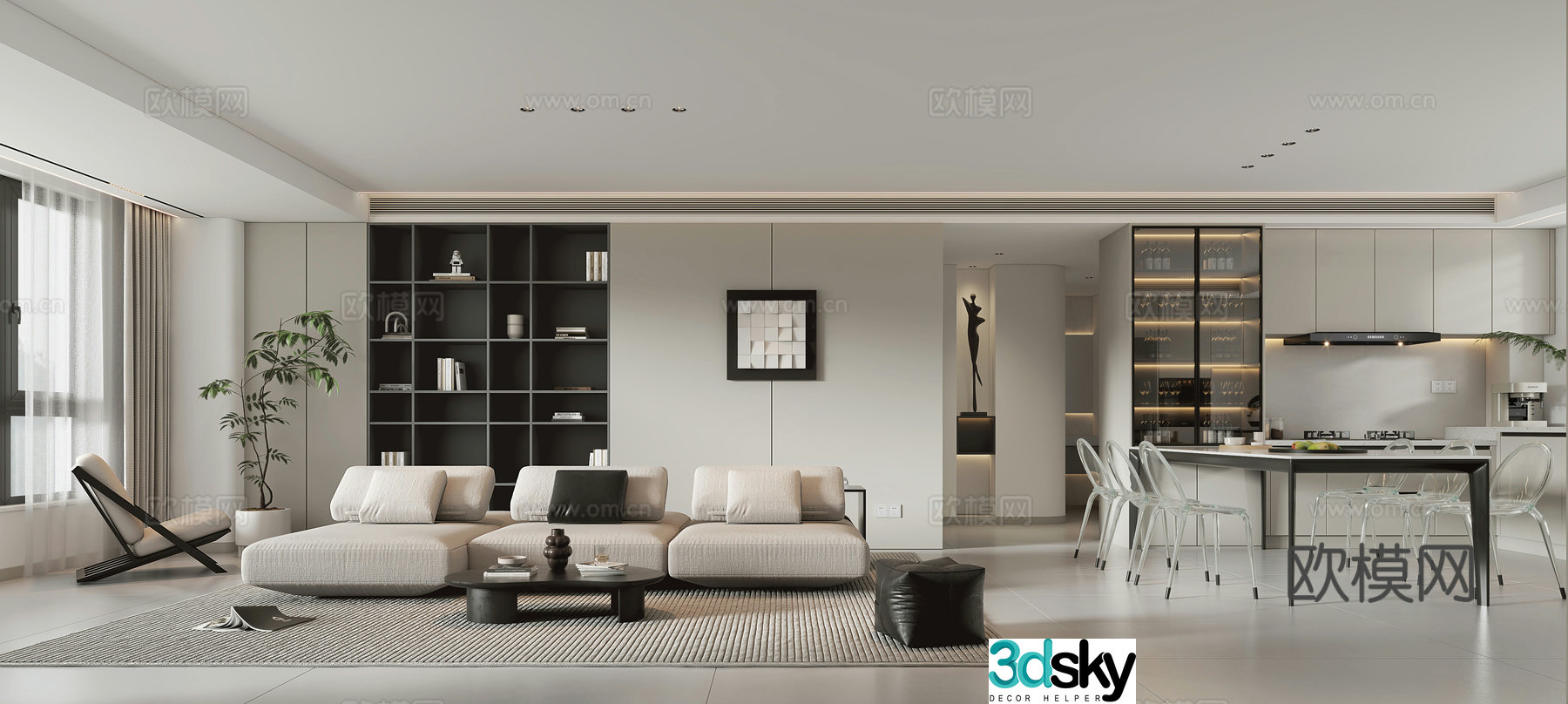 Modern living and dining room 3d model
