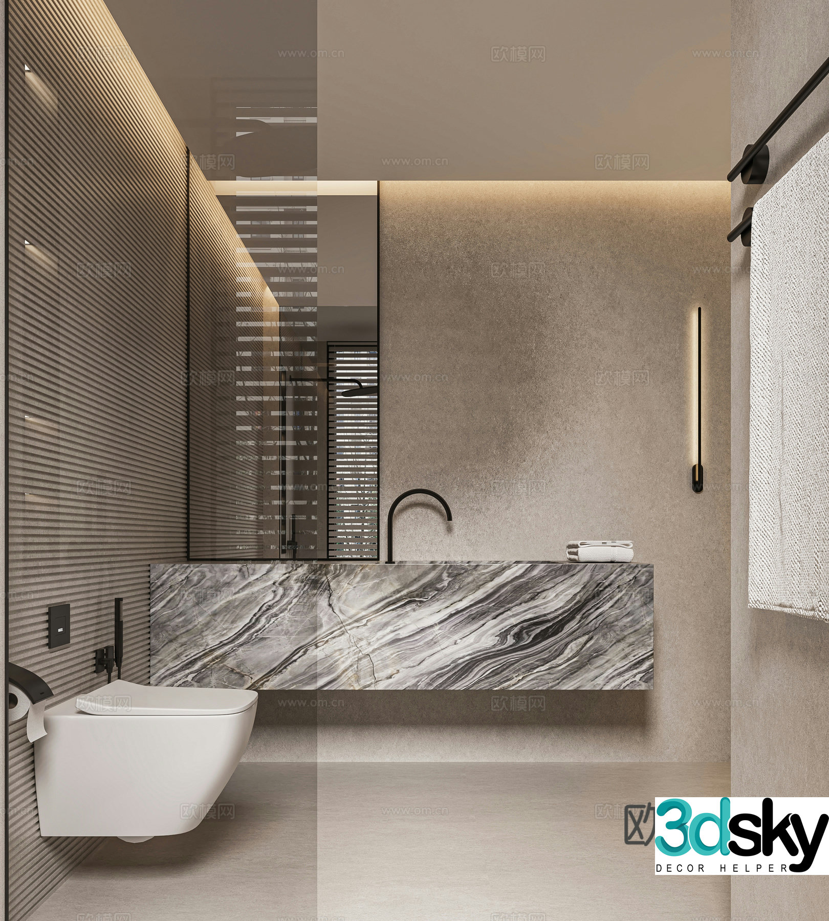 Modern minimalist bathroom wall-mounted toilet hanging sink bathtub without main light wet dry separation 3D model