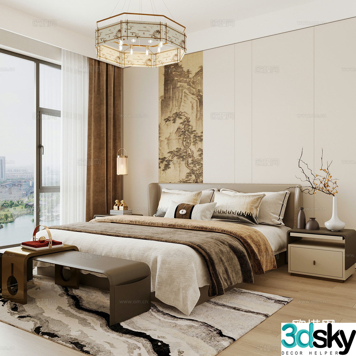 New Chinese style home bedroom Song family aesthetic bedroom Song style bedroom New Chinese style double bed 3D model