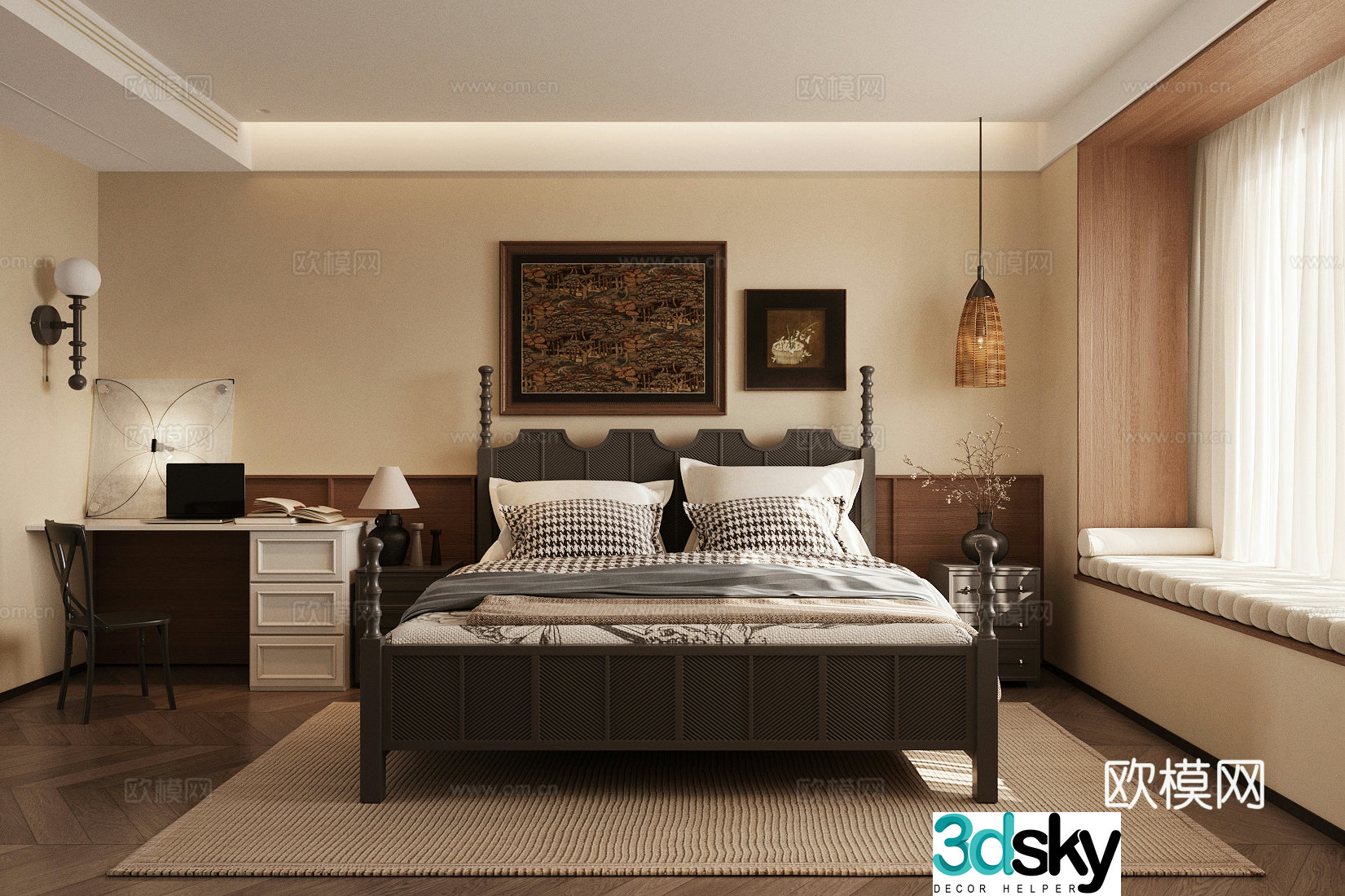 Medium-old home bedroom Medium-old style bedroom Retro style double bed French retro bedroom Backrest bed 3D model