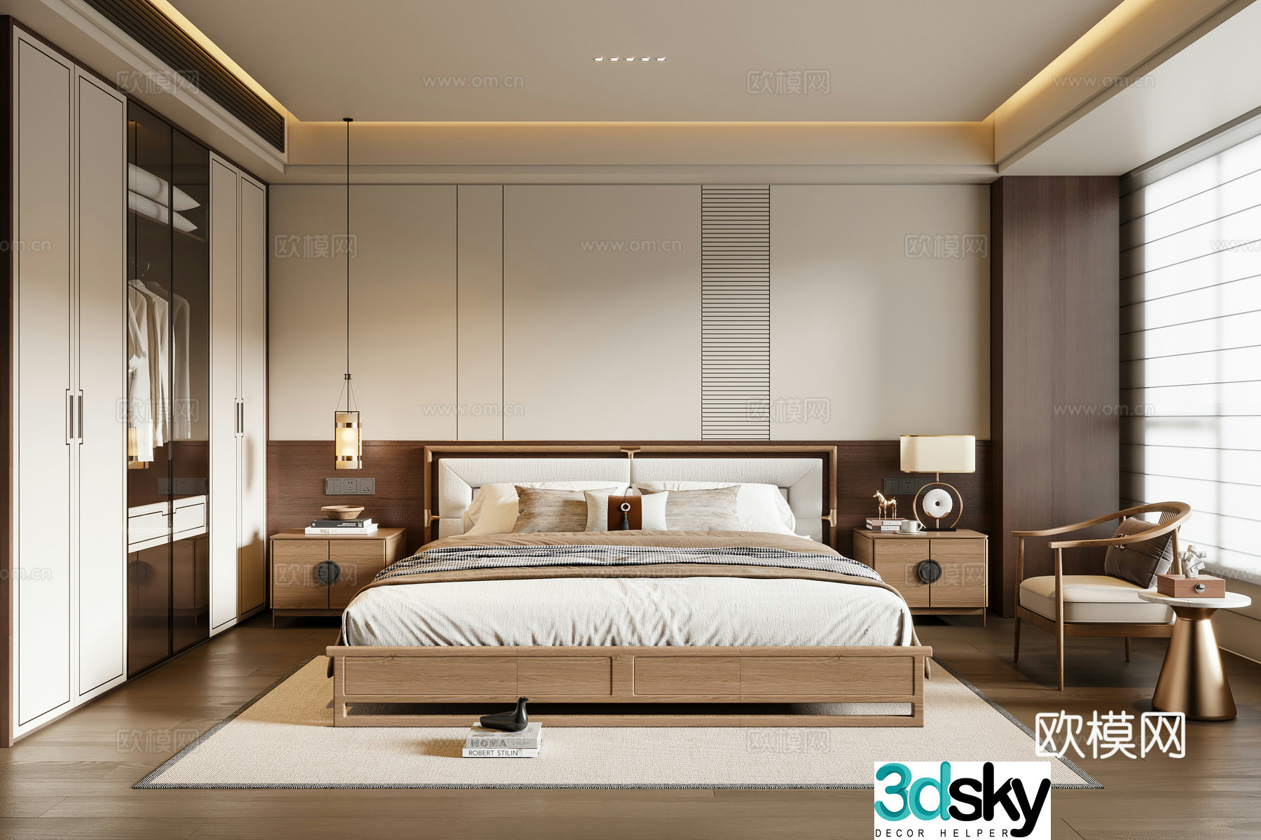 New Chinese style bedroom solid wood double bed bedside table chandeliers leisure chair wardrobe 3d model