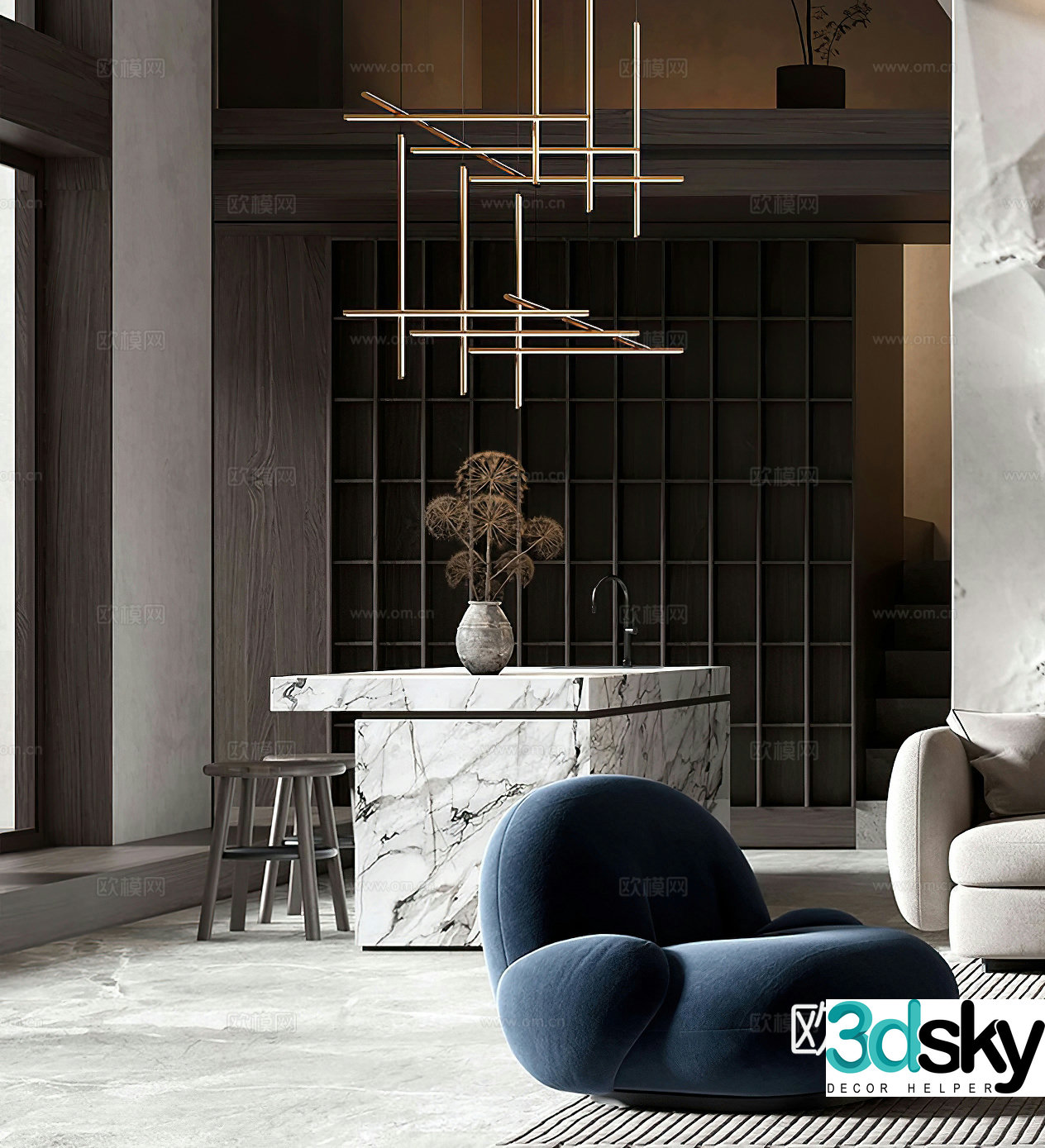 Modern bar modern restaurant Italian social room leisure chair chandeliers island living and dining room 3d model