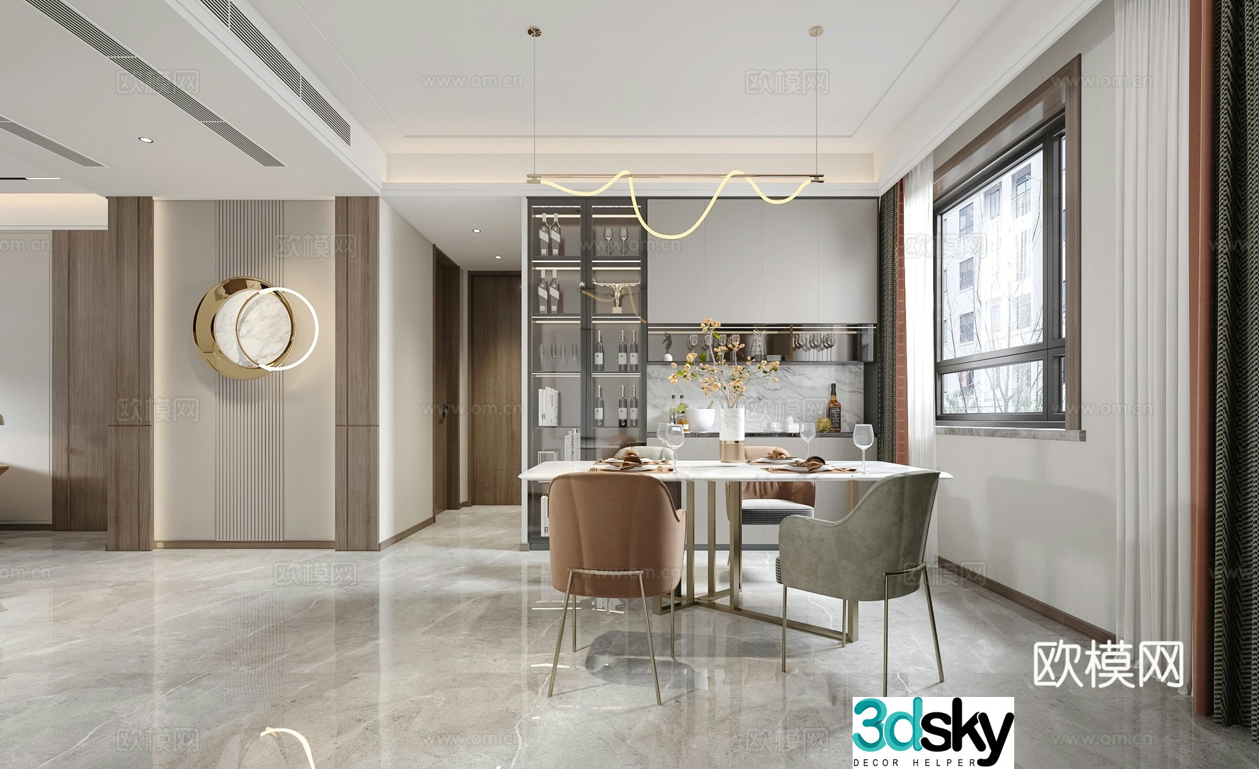 Modern large flat living and dining room 3D model