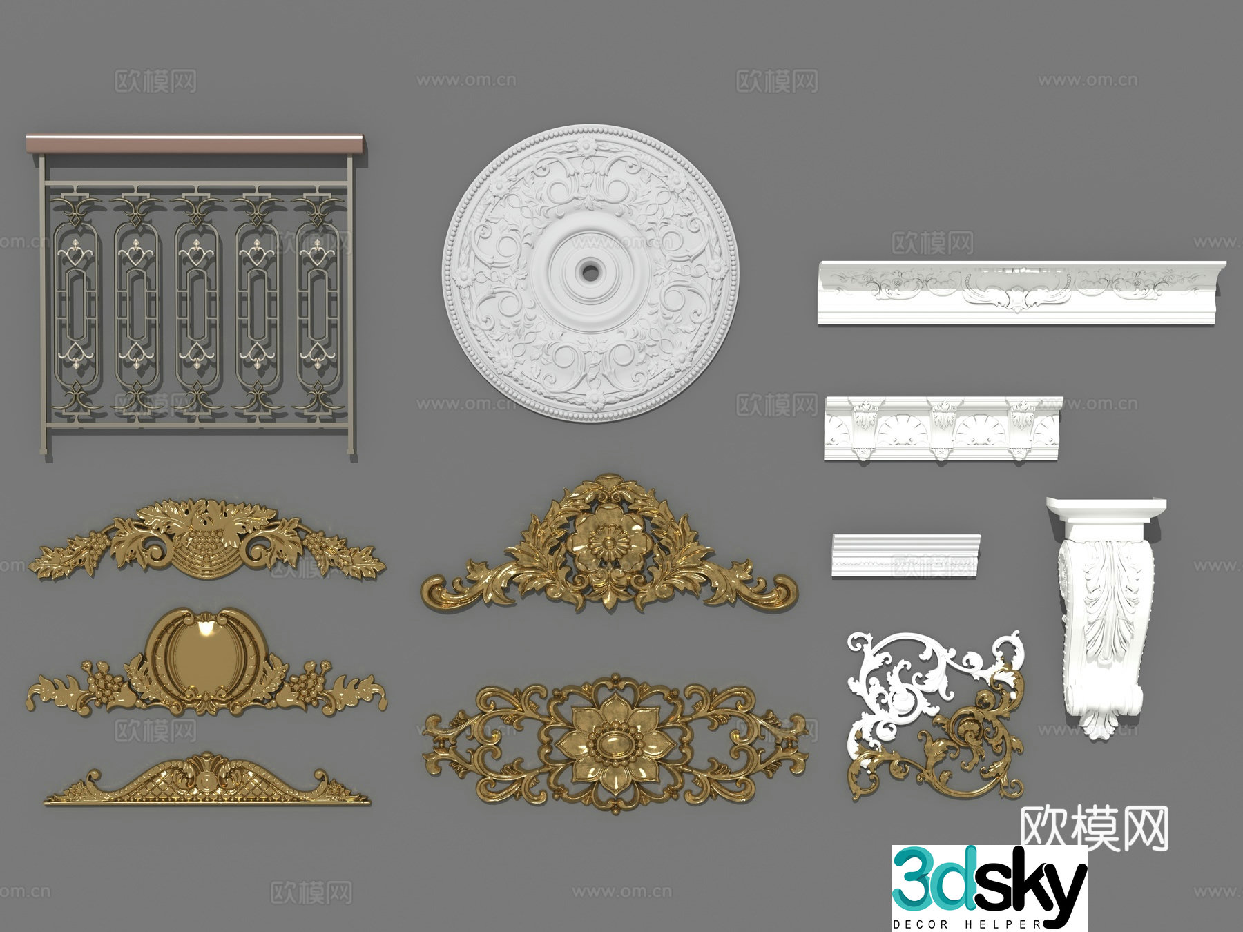 European French American embossing cornice wall skirt ceiling architectural embossing decoration combination 3D model
