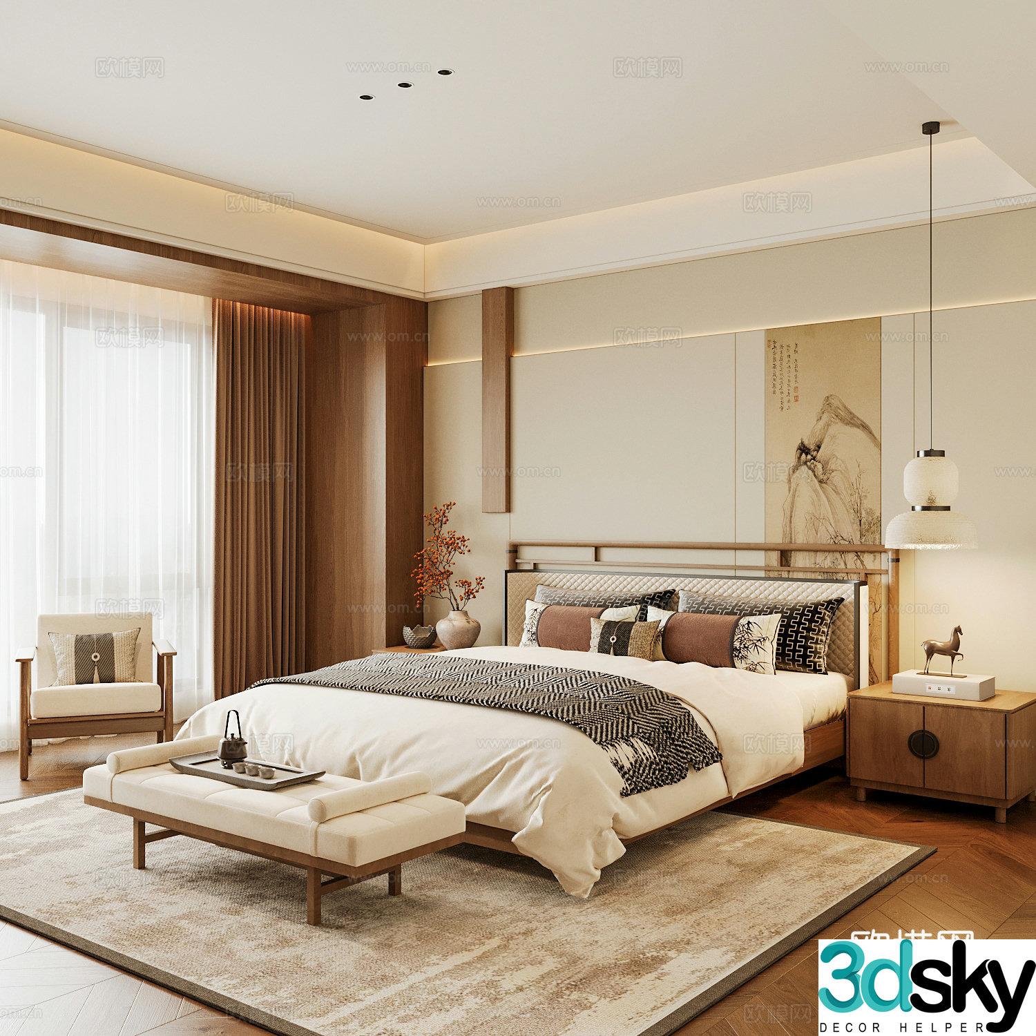 New Chinese style home bedroom Song family aesthetic bedroom Song style bedroom New Chinese style double bed 3D model