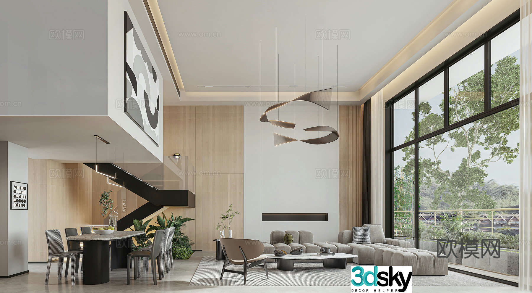 Modern villa living and dining room 3d model