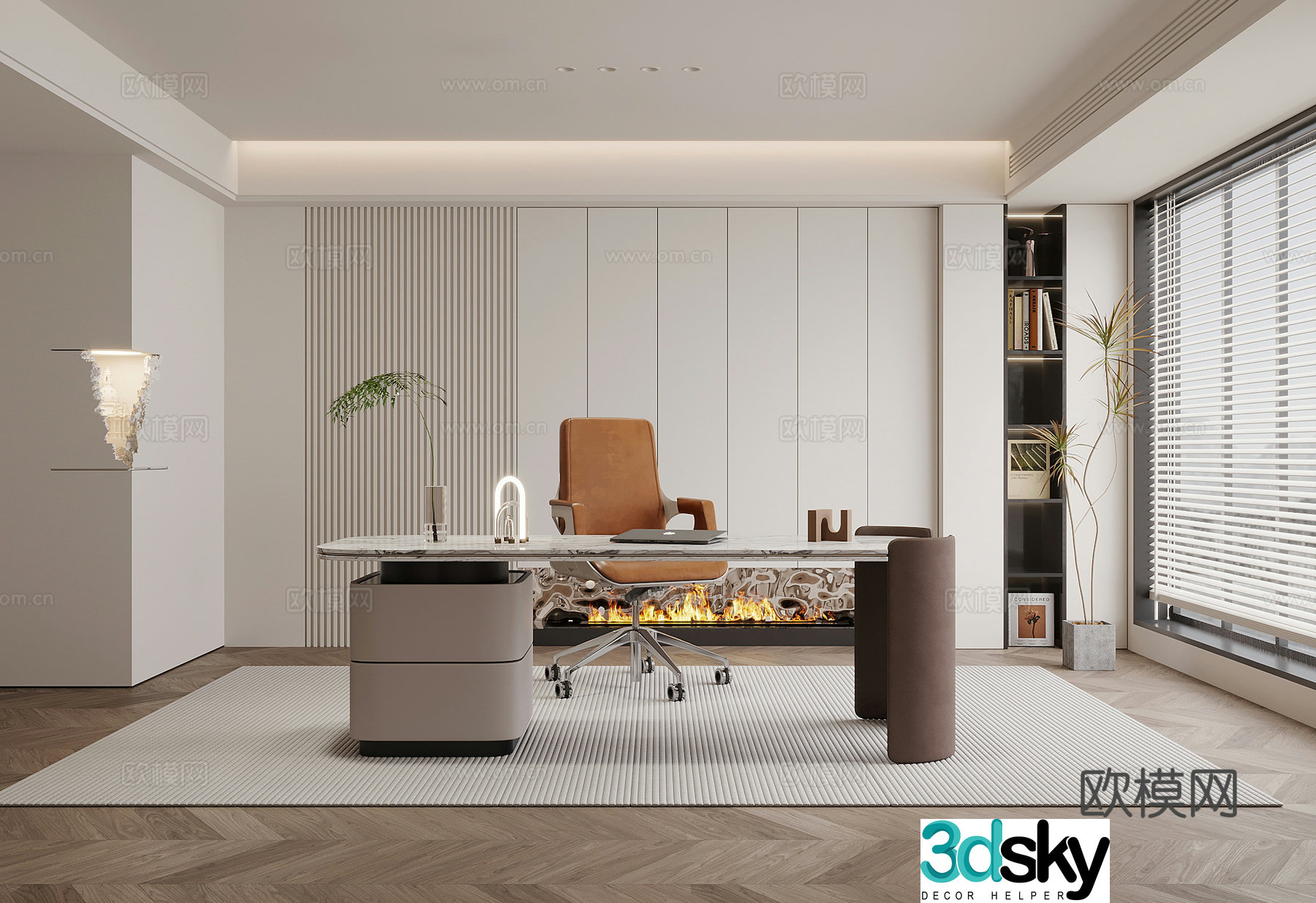 Modern minimalist study room bookcase desk and chair 3d model