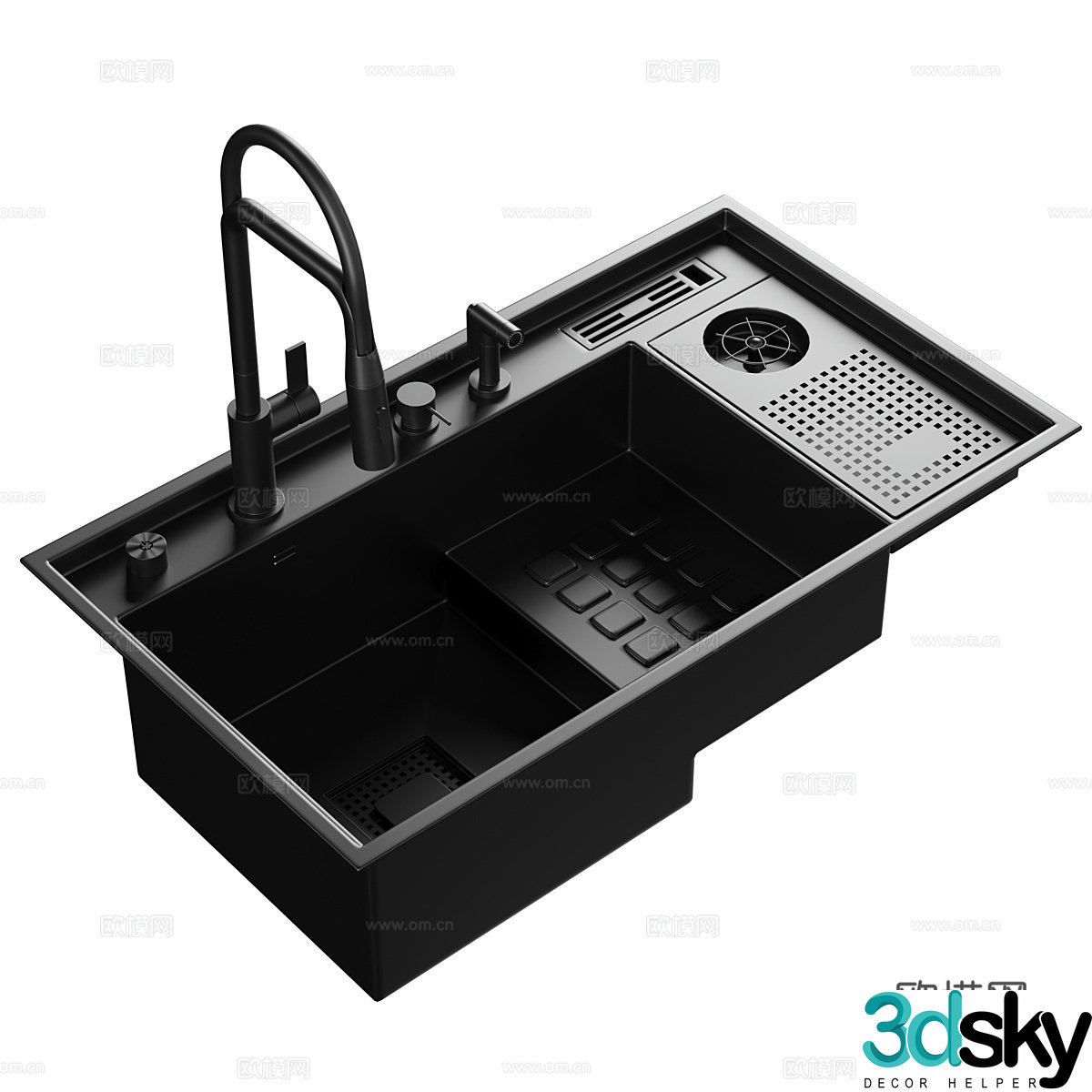 Asras Large Nano Cup Washer Stepped Kitchen Sink 23d Model