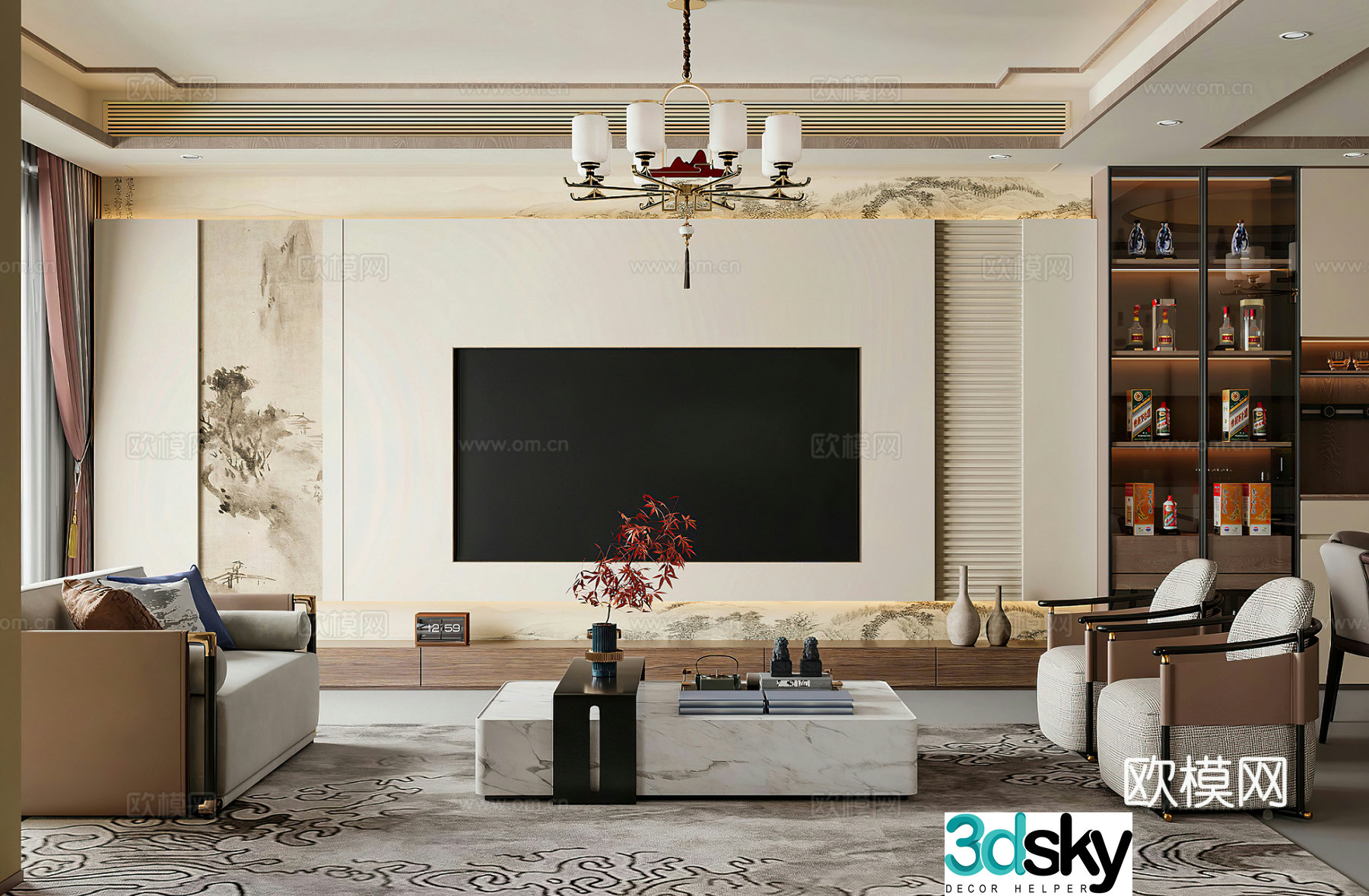 New Chinese style living room TV background wall medieval style living room leisure chair New Chinese style living room 3d model