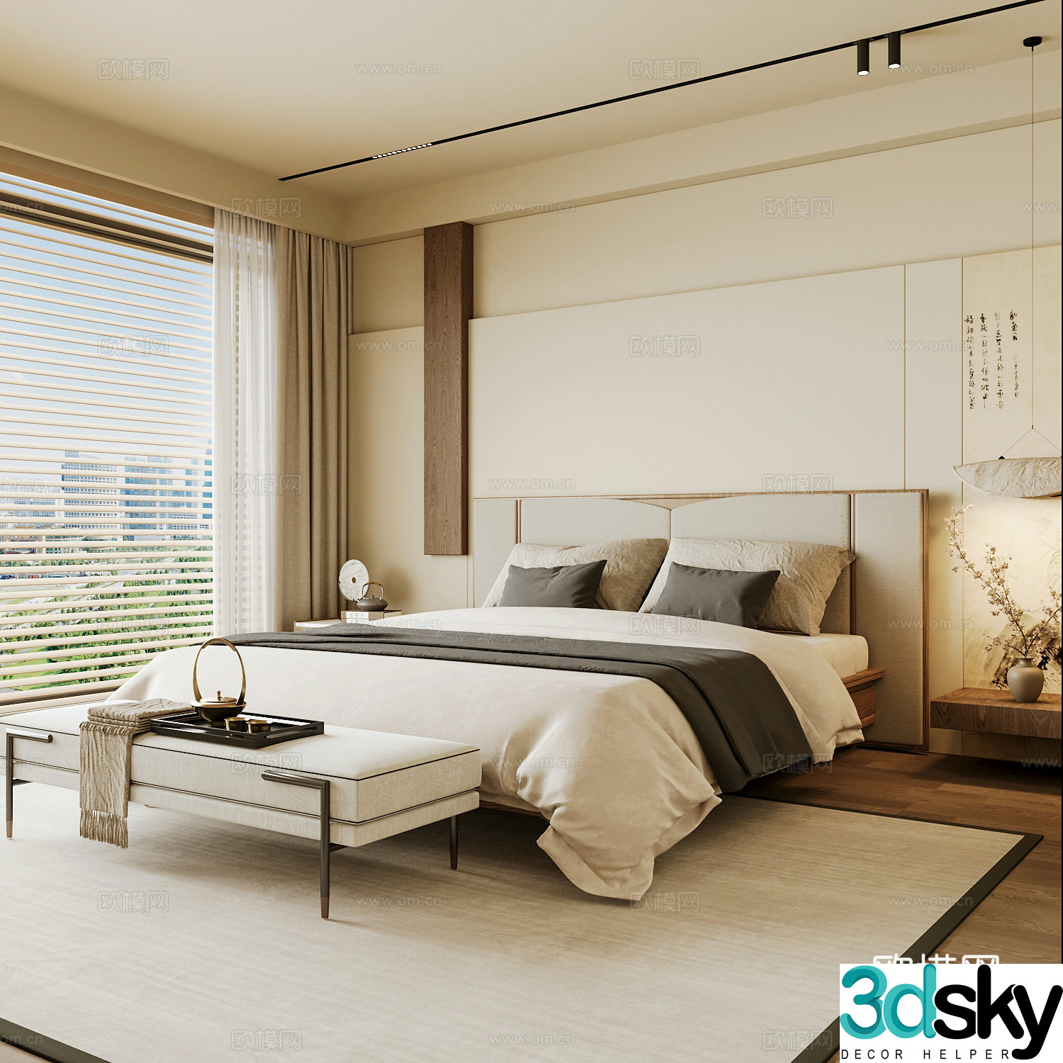New Chinese style home bedroom Song family aesthetic bedroom Song style bedroom New Chinese style double bed 3D model
