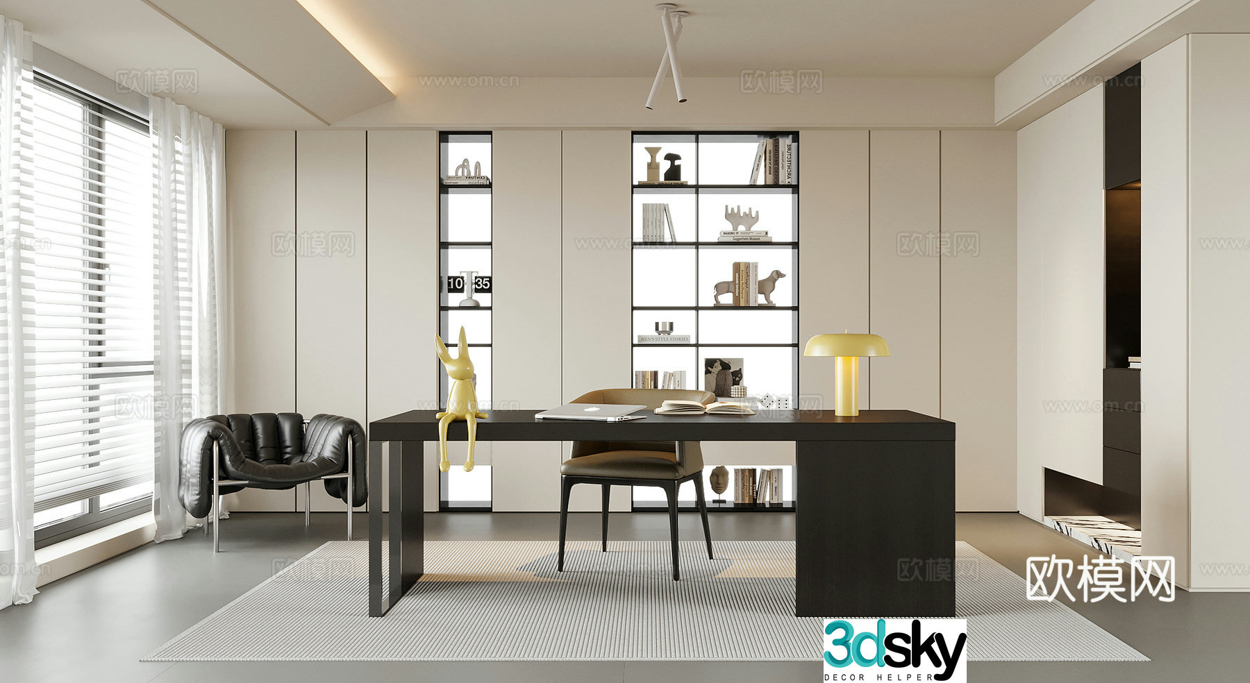 Modern study bookcase desk 3d model