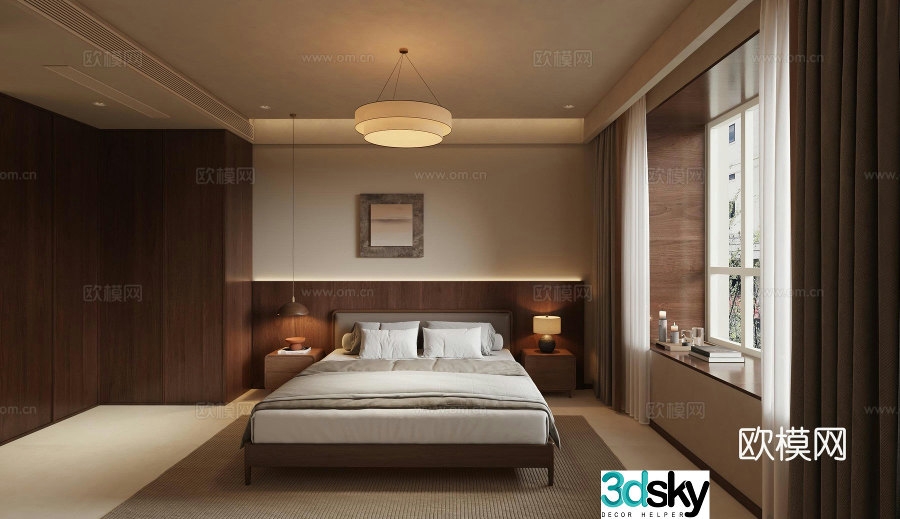 Minimalist new Chinese style master bedroom 3D model