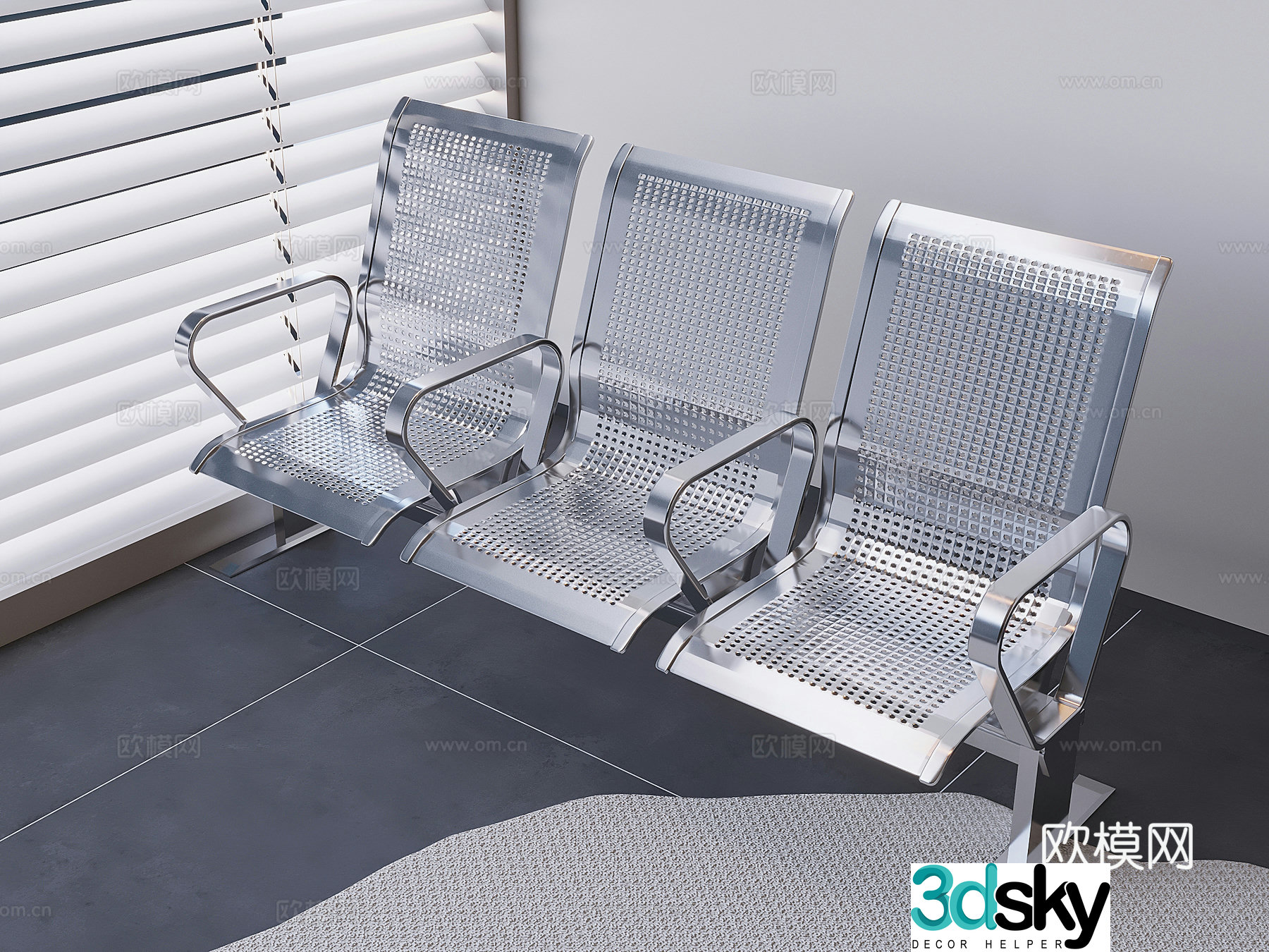 Stainless steel public chairs waiting chairs infusion chairs three-person airport rest chairs 3D model