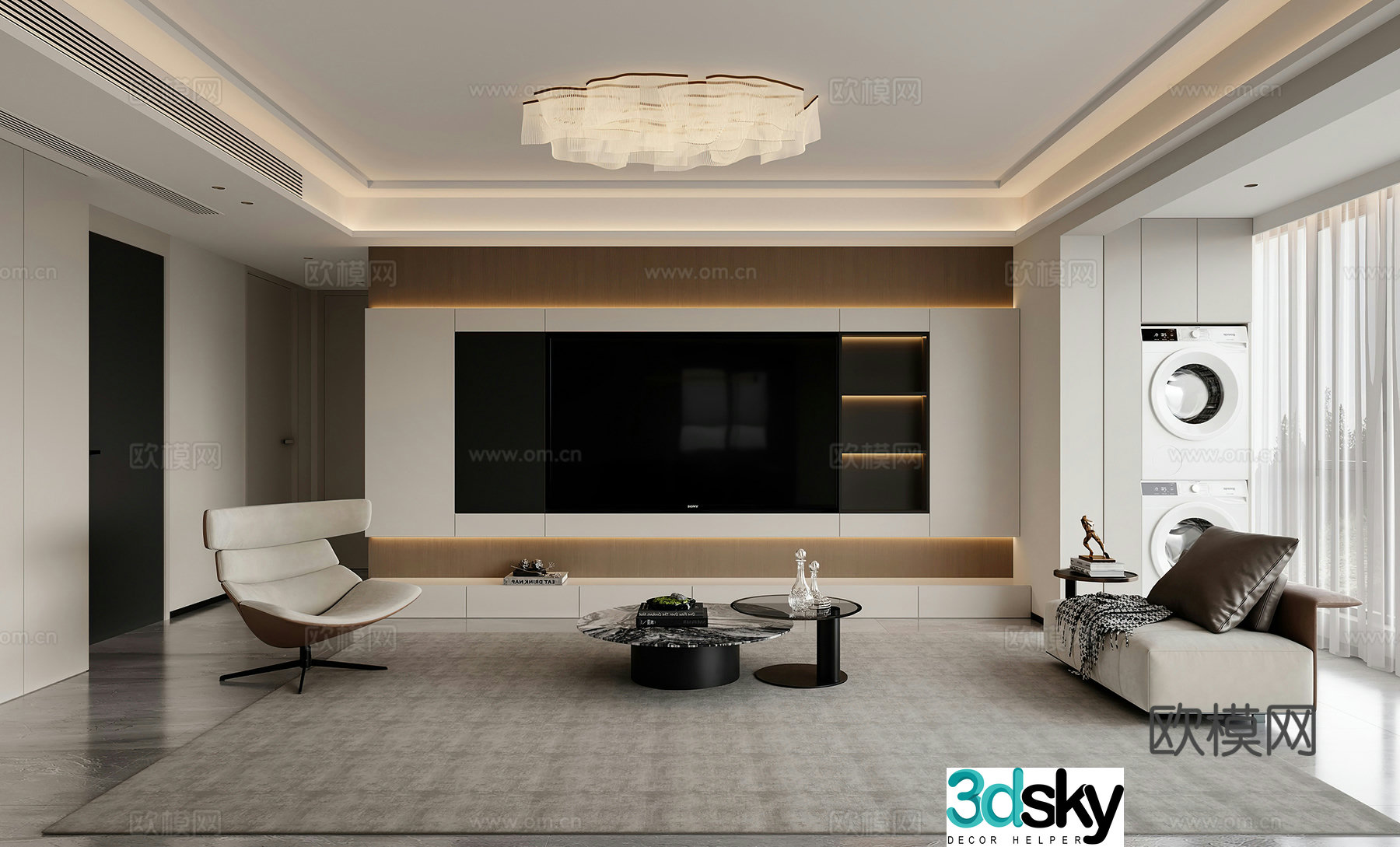 Modern living room TV background wall TV cabinet leisure chair ceiling light simple living and dining room 3d model
