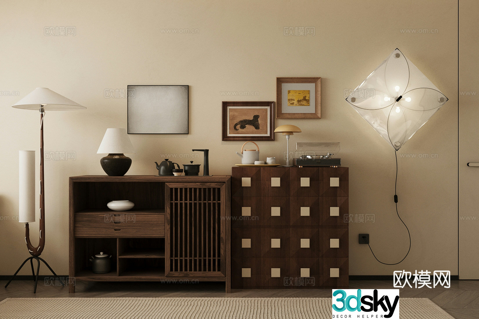 Middle-aged style entrance cabinet Tea cabinet Small tea table Cupboard Solid wood side cabinet Middle-aged style ornament combination 3D model