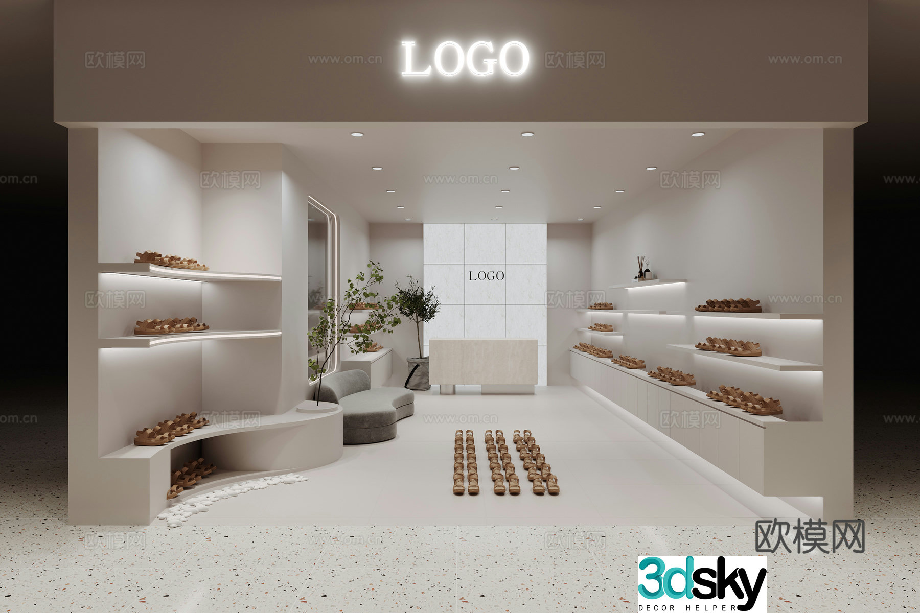 Wasabi style shoe store laminate rack green plants DuPont paper light box background wall cashier shoes 3d model