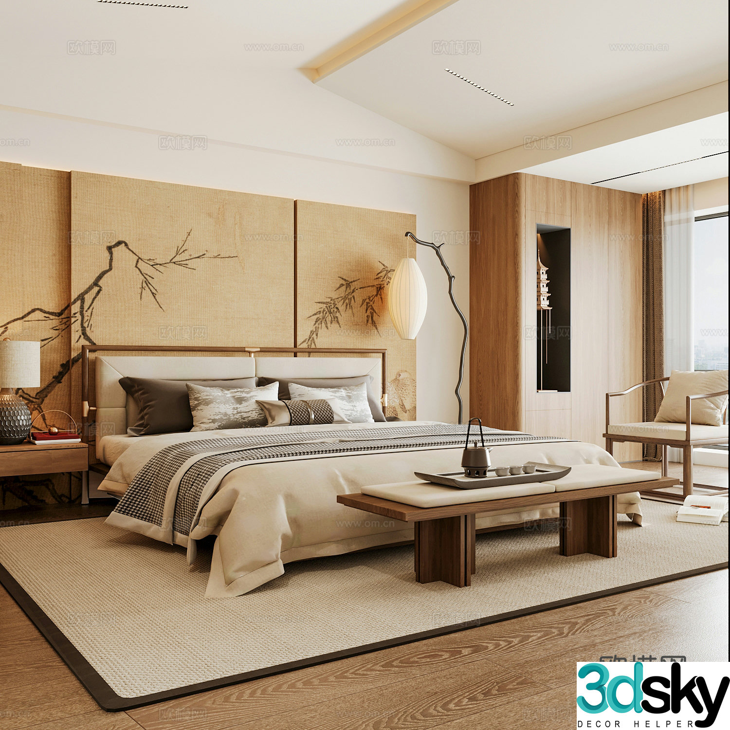 New Chinese style home bedroom Song family aesthetic bedroom Song style bedroom New Chinese style double bed 3D model
