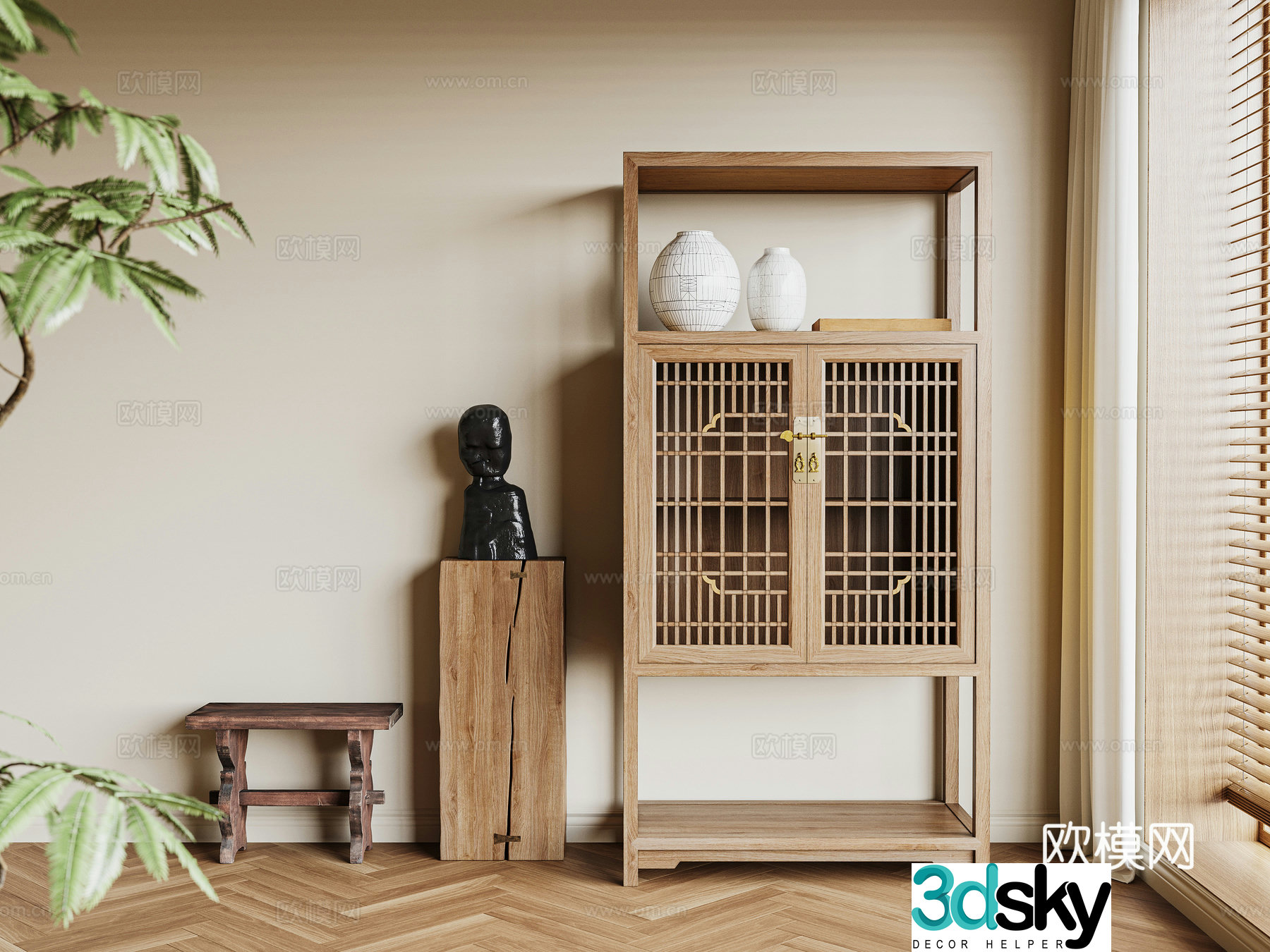 Chinese style cabinet Chinese style entrance cabinet side cabinet wooden chair 3D model