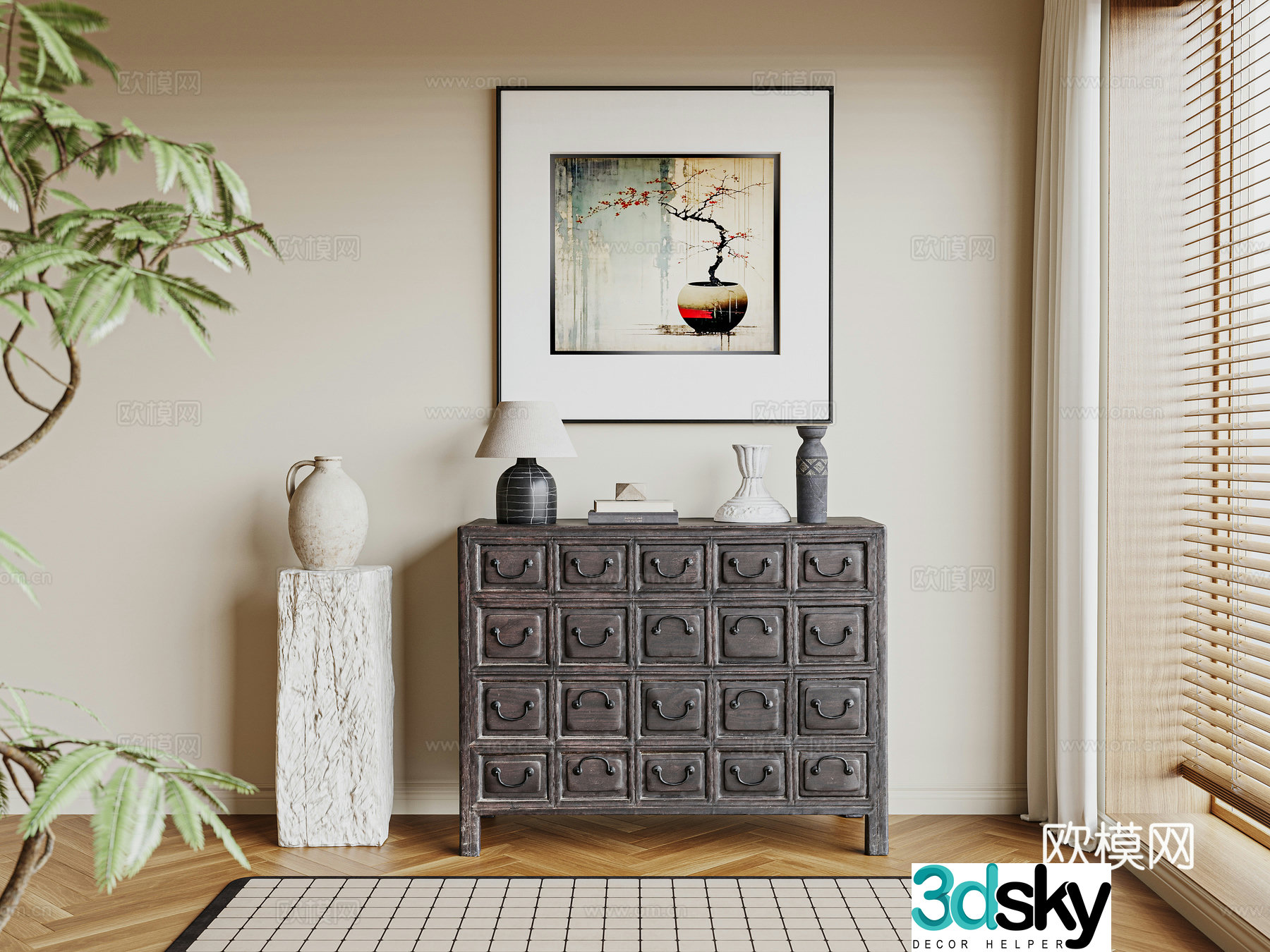 Chinese style cabinet Chinese style entrance cabinet side cabinet hanging painting carpet 3D model