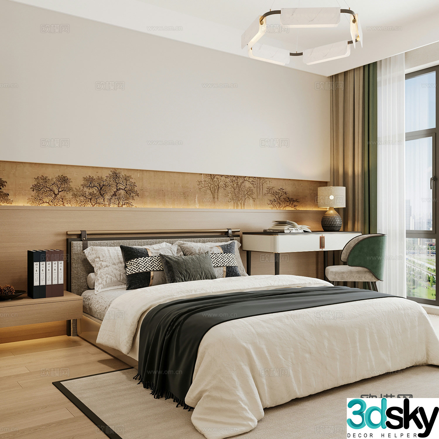 New Chinese style home bedroom Song family aesthetic bedroom Song style bedroom New Chinese style double bed 3D model