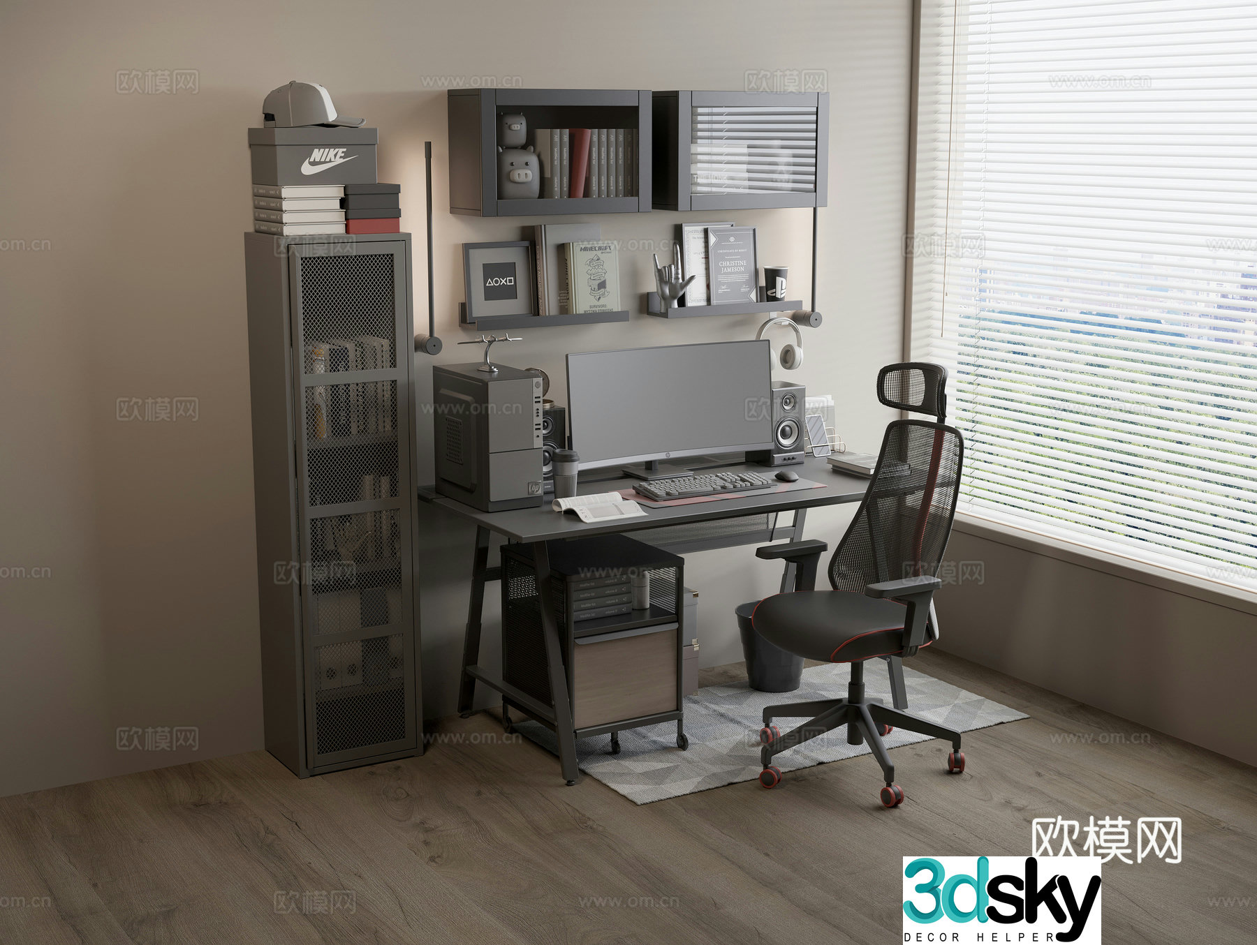Office desk and chair combination solid wood work table casual rotating chair bookcase bookcase bookcase decoration rack computer 3d model