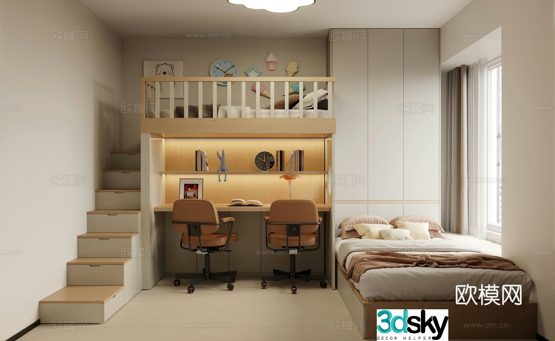 High and Low Bed Children’s Room Bedroom 3D Model