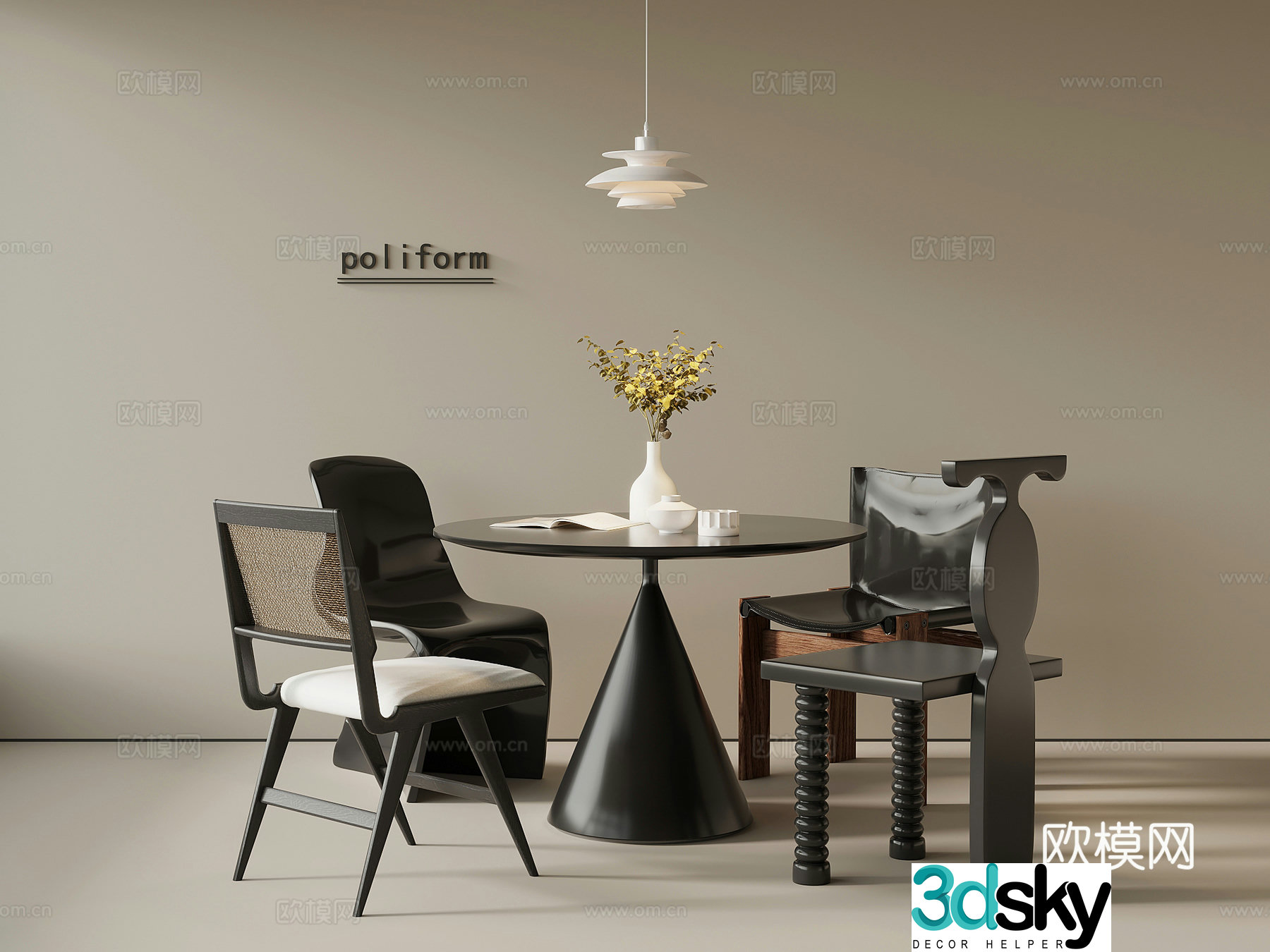 French retro dining table and chair 3d model