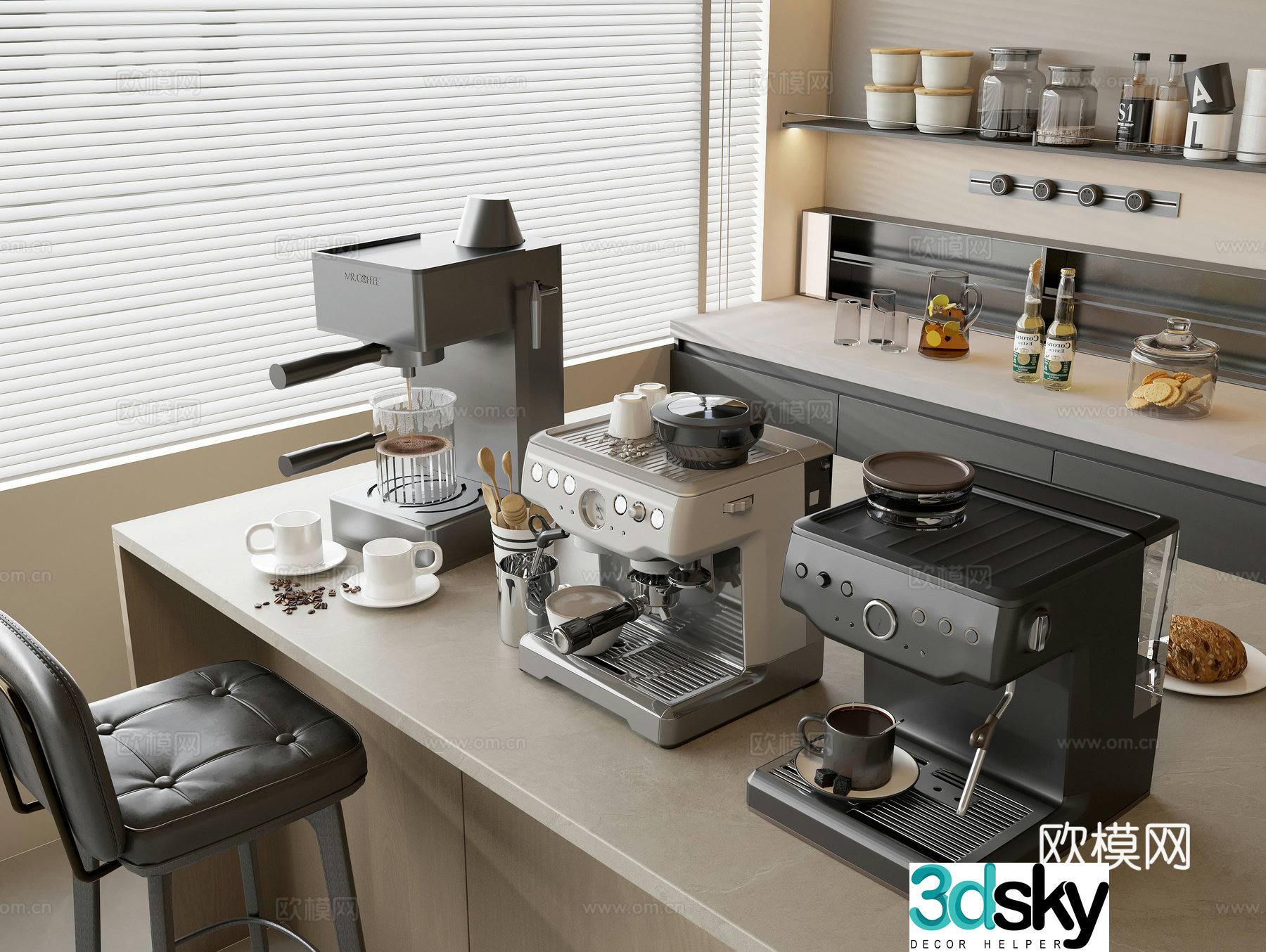 Coffee machine Bean grinder Coffee beans Drinks Dessert Coffee cup Bar bar chair 3d model