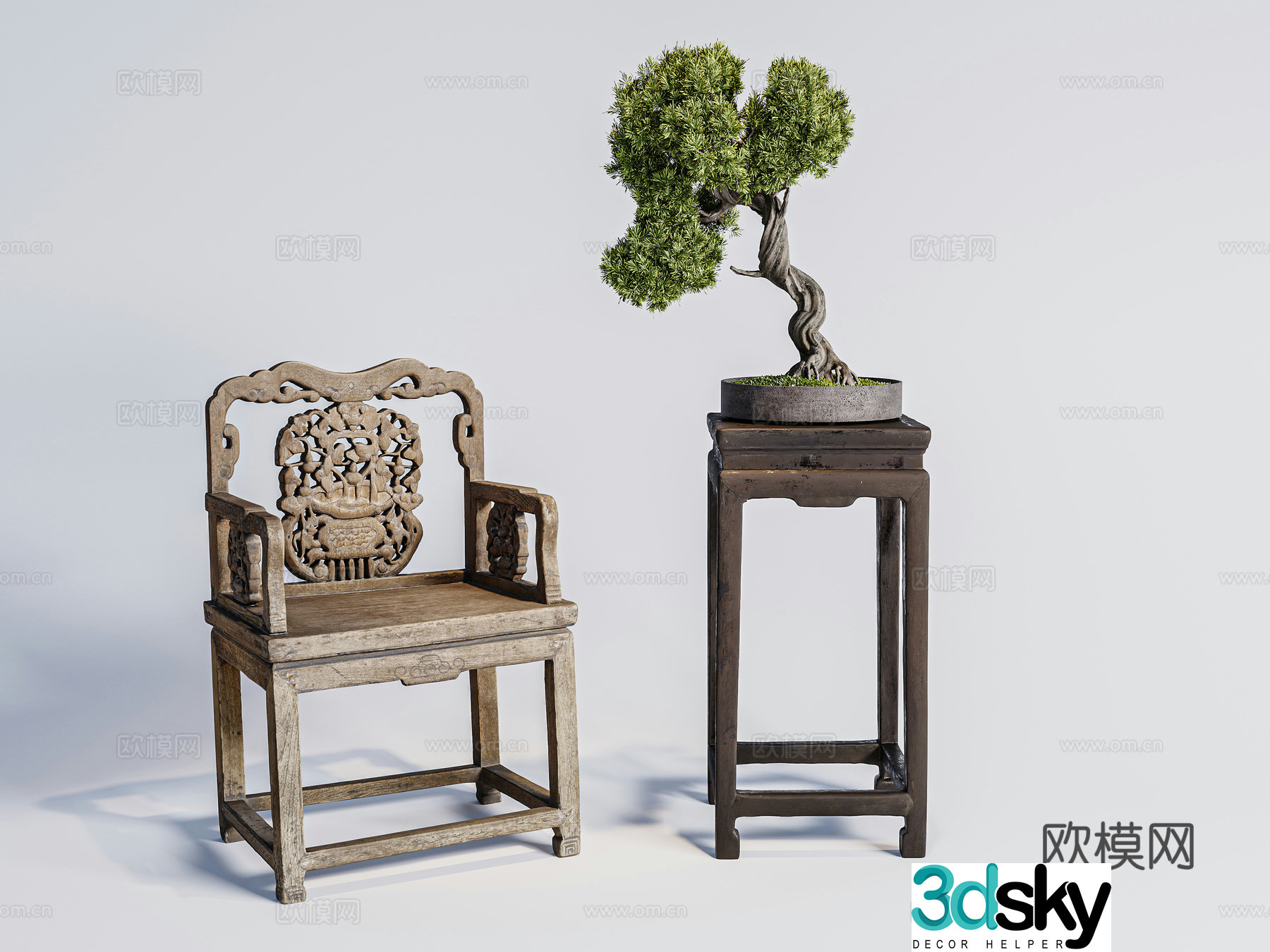 Chinese style wooden chair old and old wooden chair chair combination retro single chair 3d model