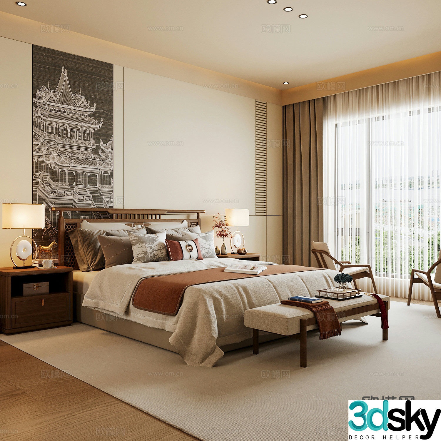 New Chinese style home bedroom Song family aesthetic bedroom Song style bedroom New Chinese style double bed 3D model