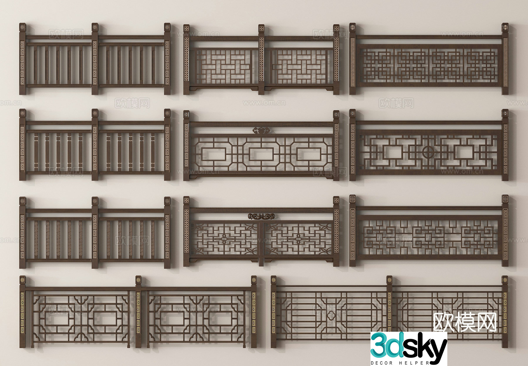Chinese hollow guardrail fence railing 3d model