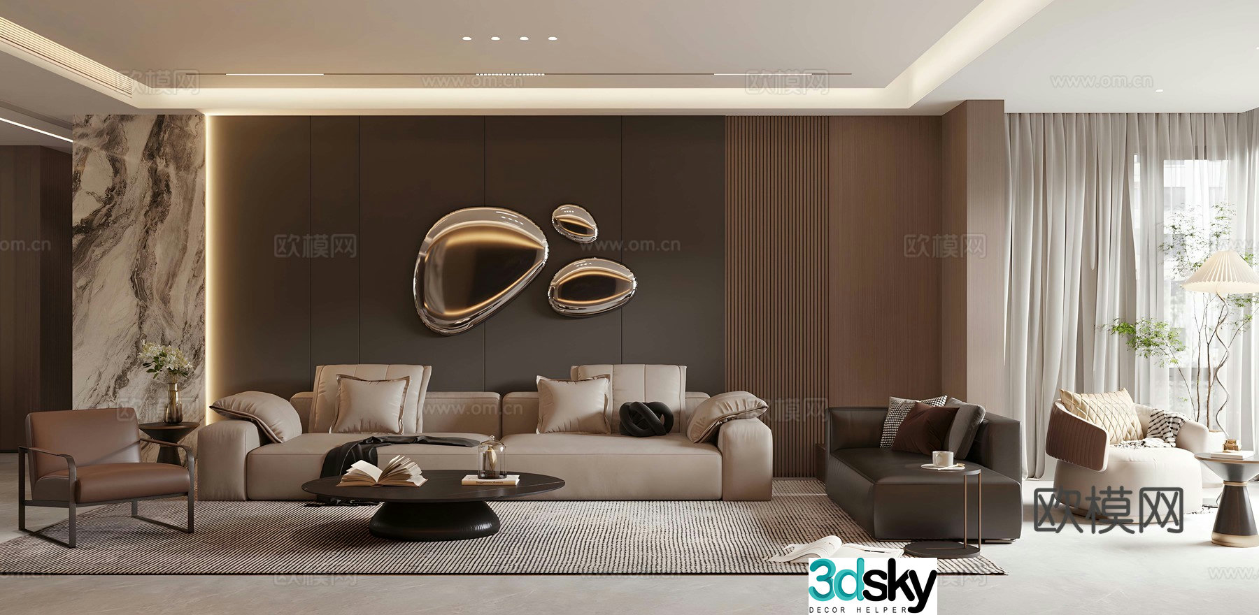 Light luxury Italian-style home living room high-end gray living room living room without lights sofa coffee table combination side table 3D model