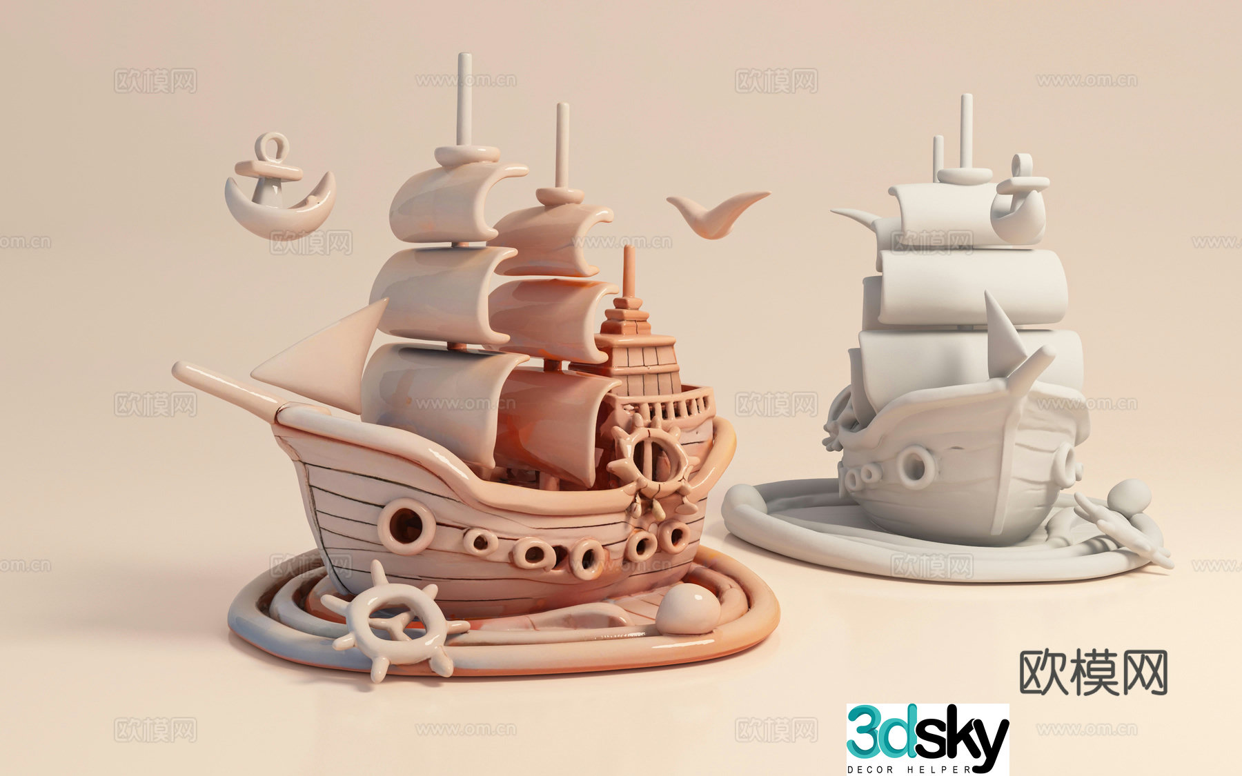 ship sailing cartoon Q version game animation game virtual ornament print glass 3d model