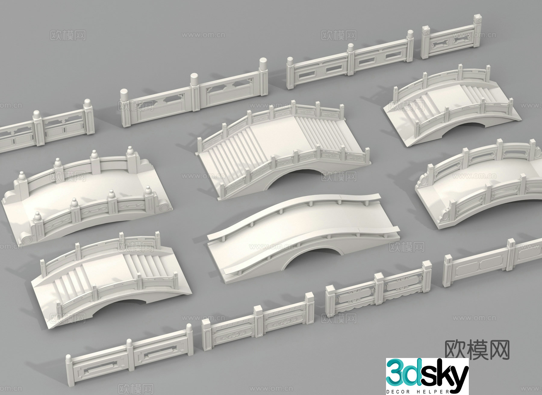 Chinese stone railings stone guardrails fences white marble railings stone bridges single arch bridges white marble bridges 3D model