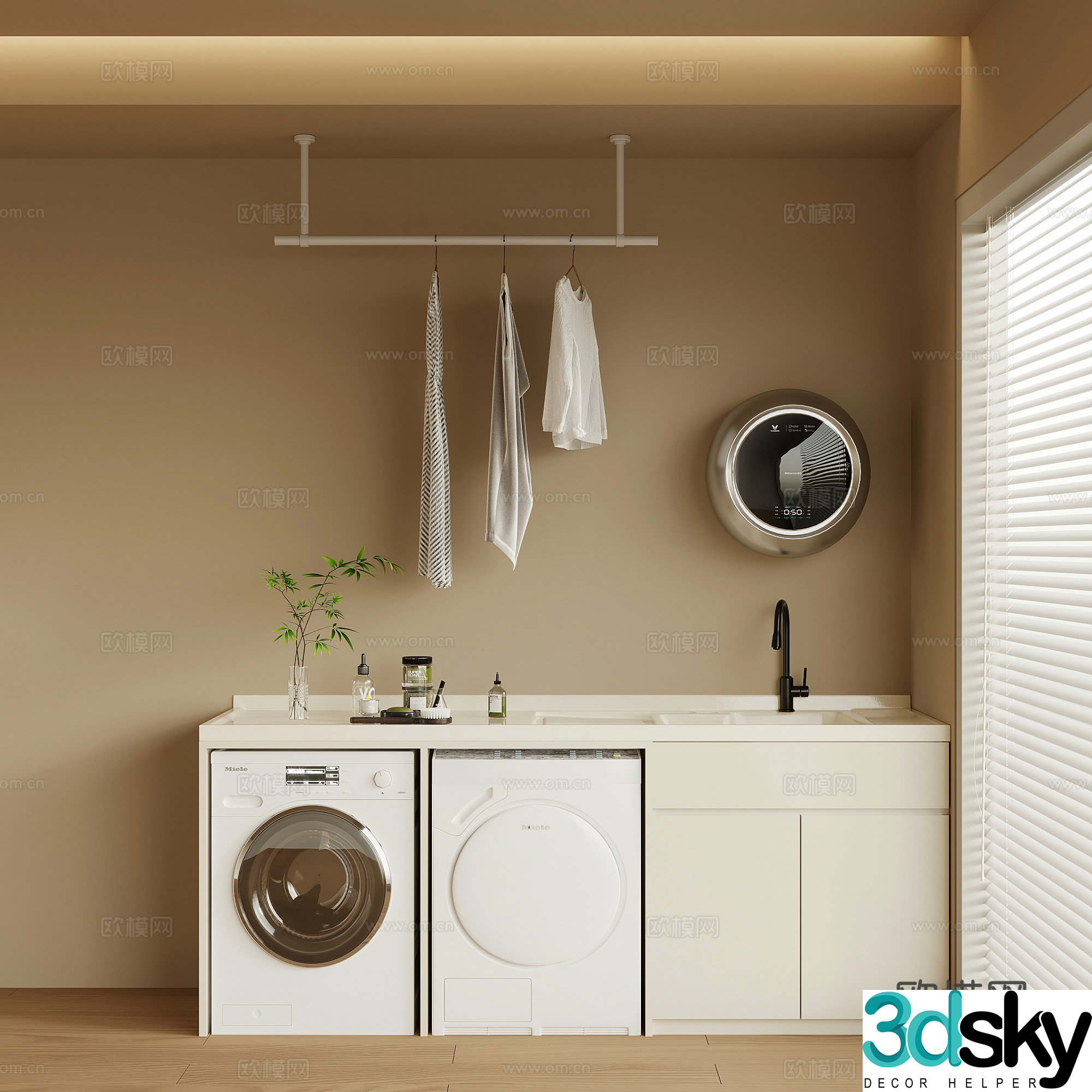 Modern washing machine cabinet balcony cabinet clothes rail clothes drying rack 3d model