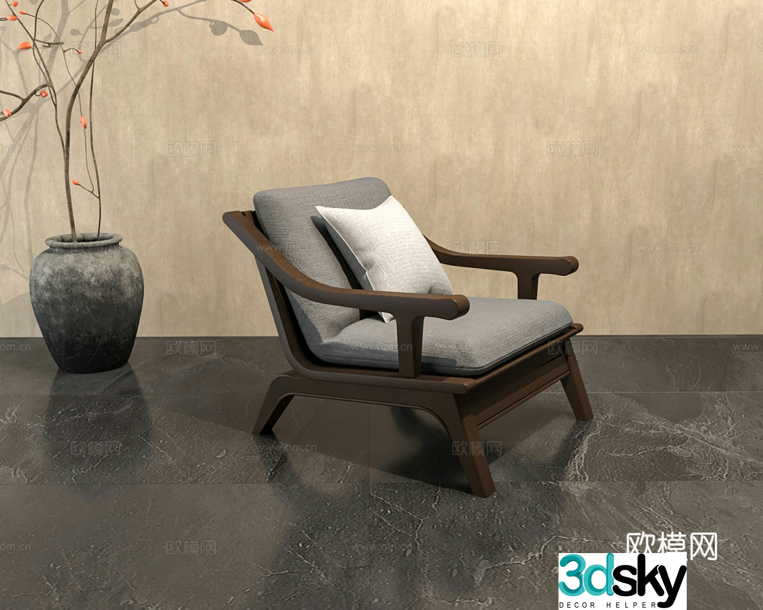 New Chinese-style solid wood single sofa Wasabi style solid wood sofa simple sofa 3D model