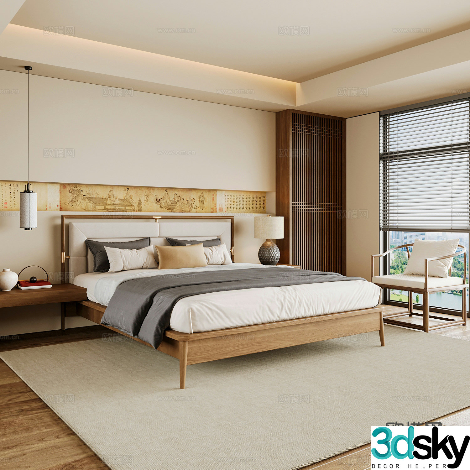 New Chinese style home bedroom Song family aesthetic bedroom Song style bedroom New Chinese style double bed 3D model