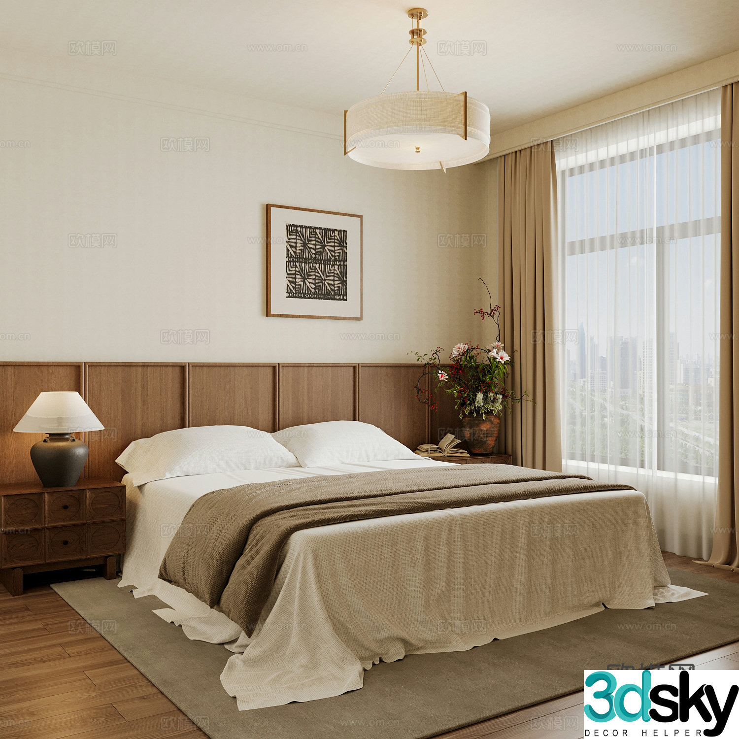 New Chinese style home bedroom Song family aesthetic bedroom Song style bedroom New Chinese style double bed 3D model