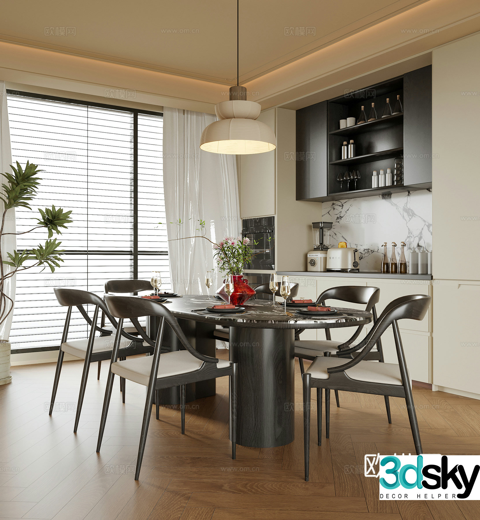 Modern restaurant dining table and chair sideboard chandeliers 3d model