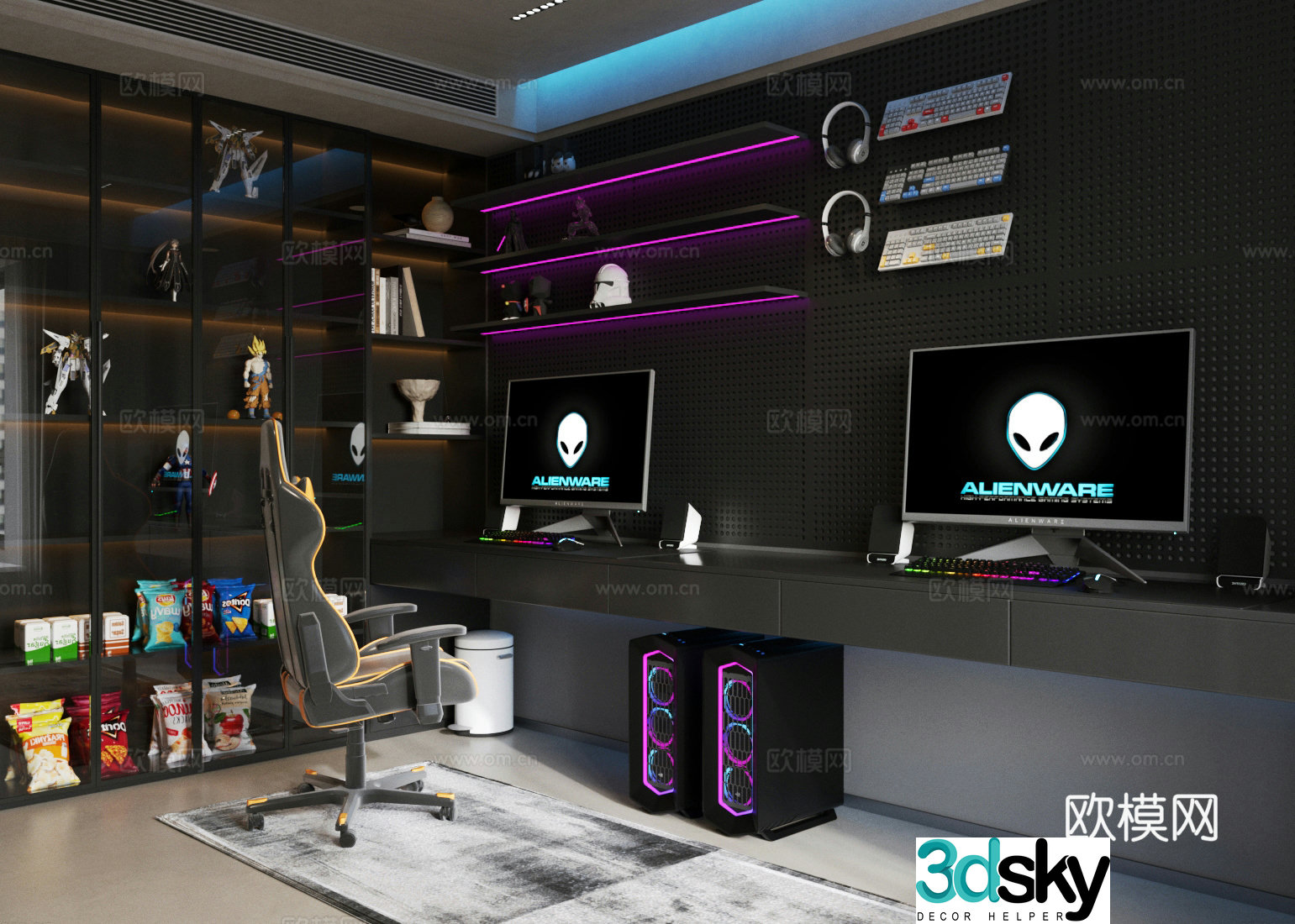 Modern e-sports room audio headset keyboard e-sports room computer room desktop screen e-sports chair 3D model