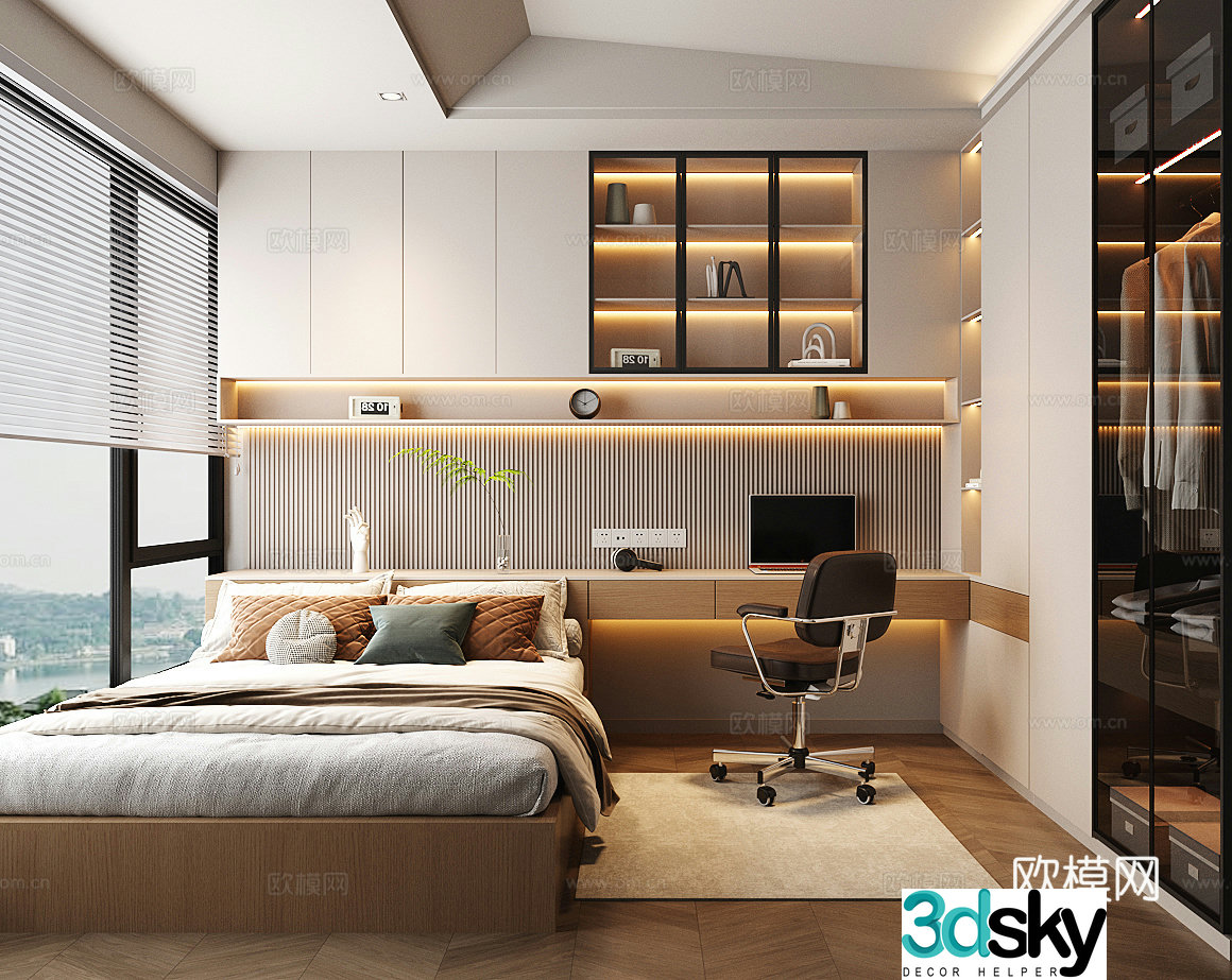 Modern strolling bedroom wardrobe desk cabinet single chair jewelry ornaments clothing carpet book 3d model