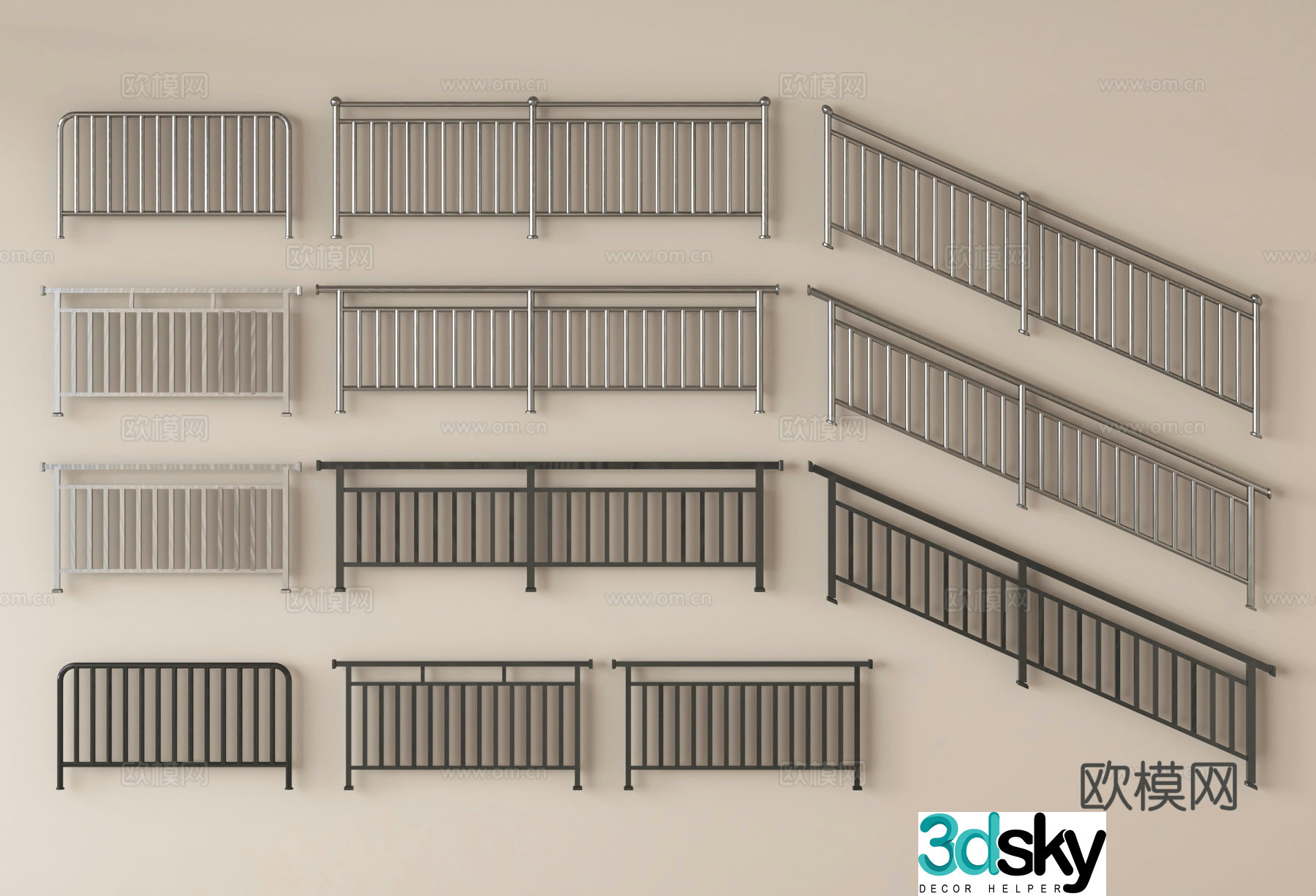 Wrought iron fence railing guardrail stair handrail 3d model