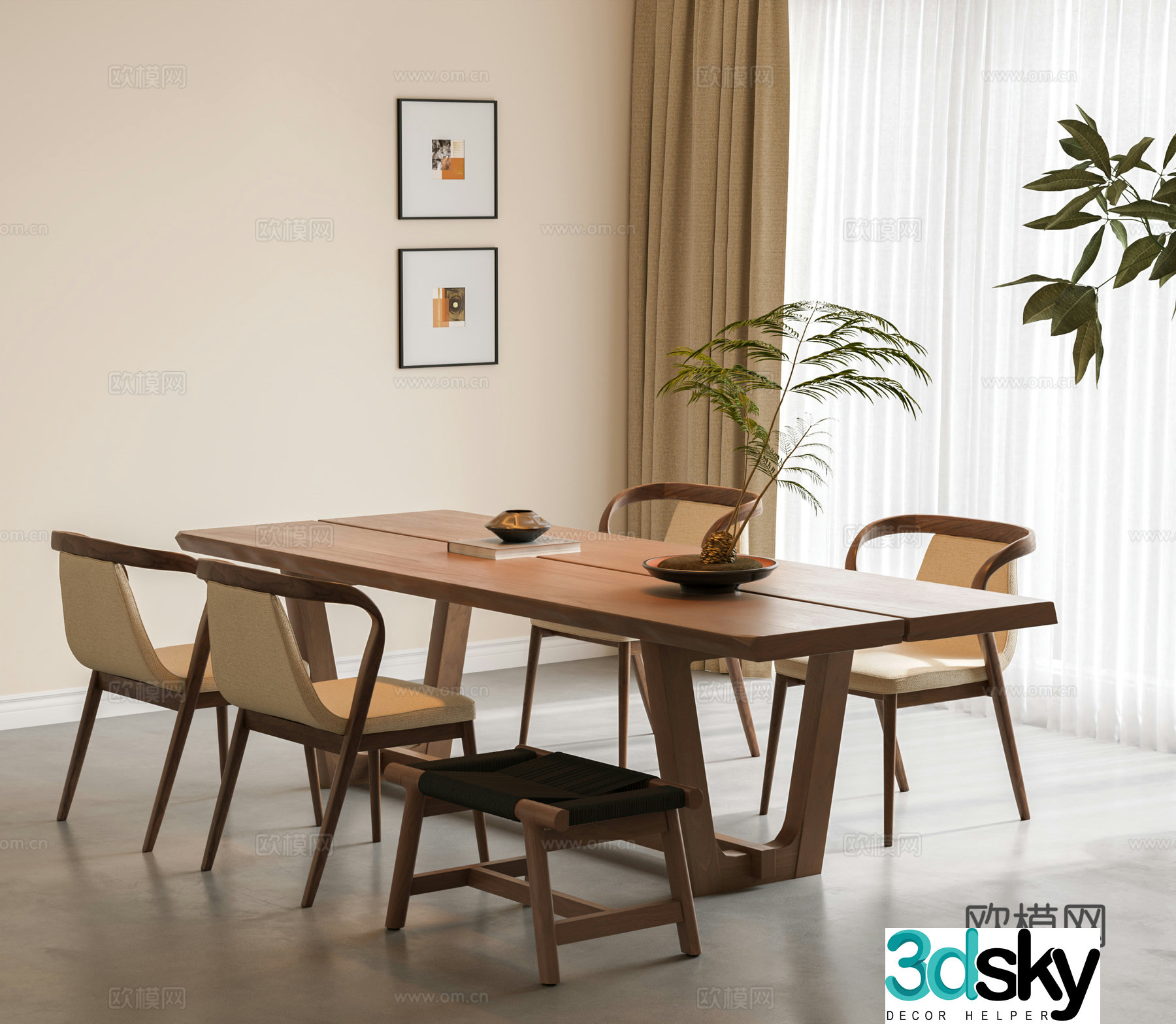 Modern dining table and chair combination solid wood log dining table and chair combination tea table and chair combination dining chair green plant 3d model