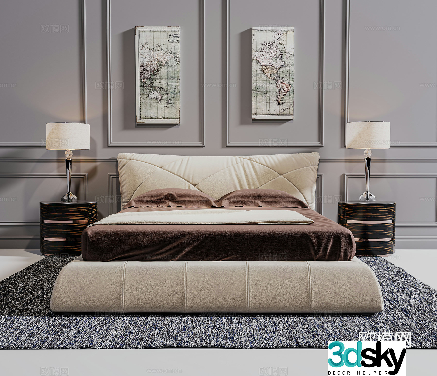Simple European style double bed double bed nightstand carpet hanging painting 3D model