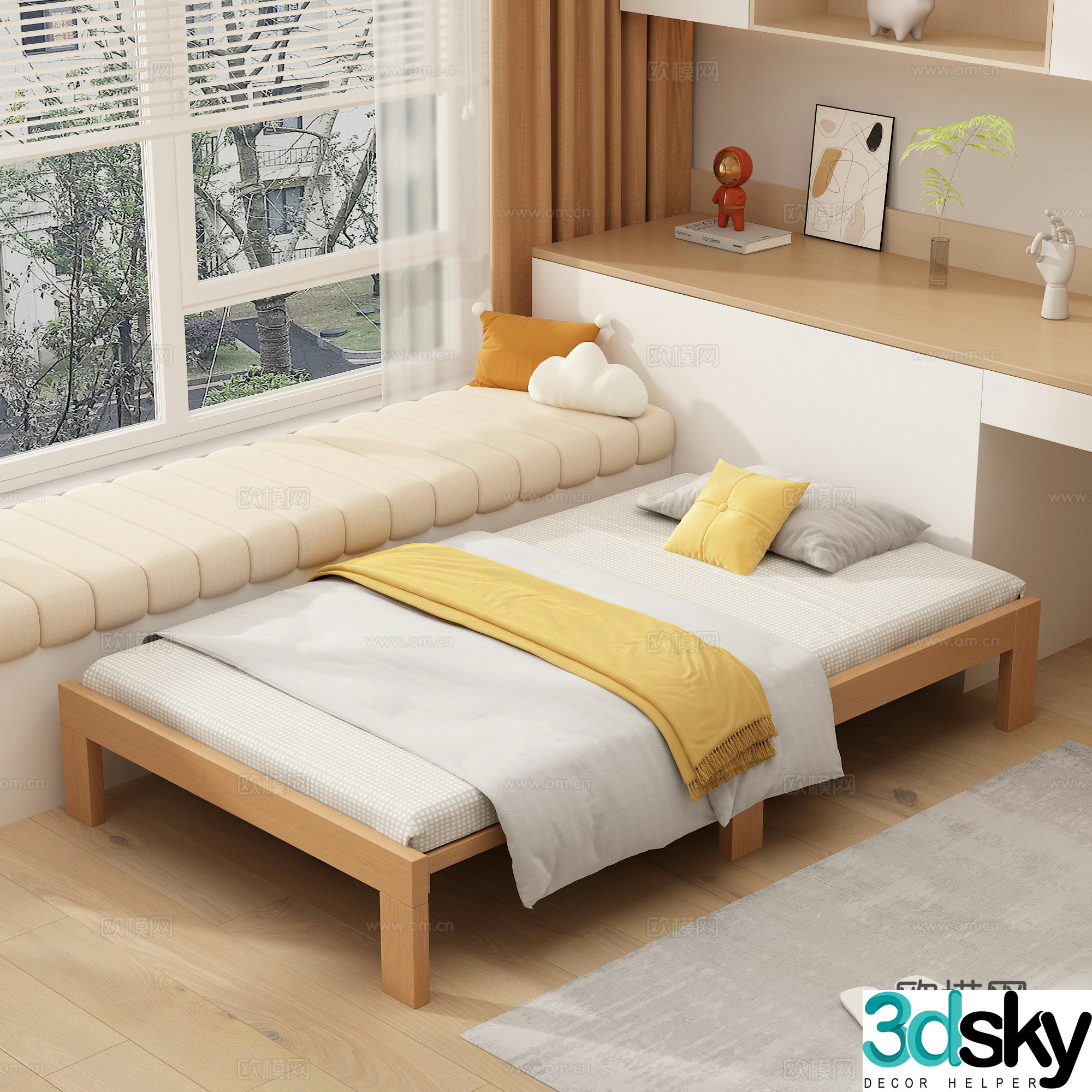 Tatami sliding bed bay window ornament combination cream style carpet slippers bedding 3d model